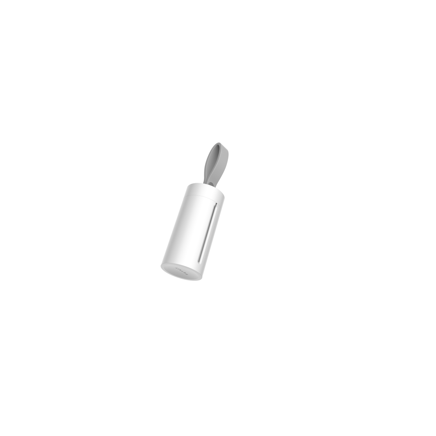 White, cylindrical lint roller with a gray handle, on a black background.