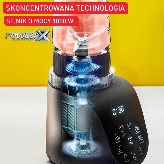 Blender z widocznym wnętrzem pokazującym jego elementy i częściowo wypełniony pojemnik.