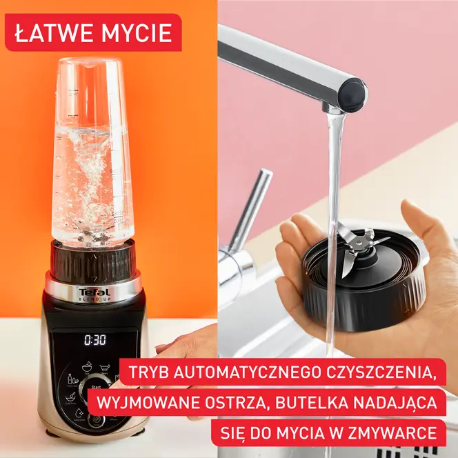 Blender pokazujący łatwe czyszczenie i wyjmowane części.