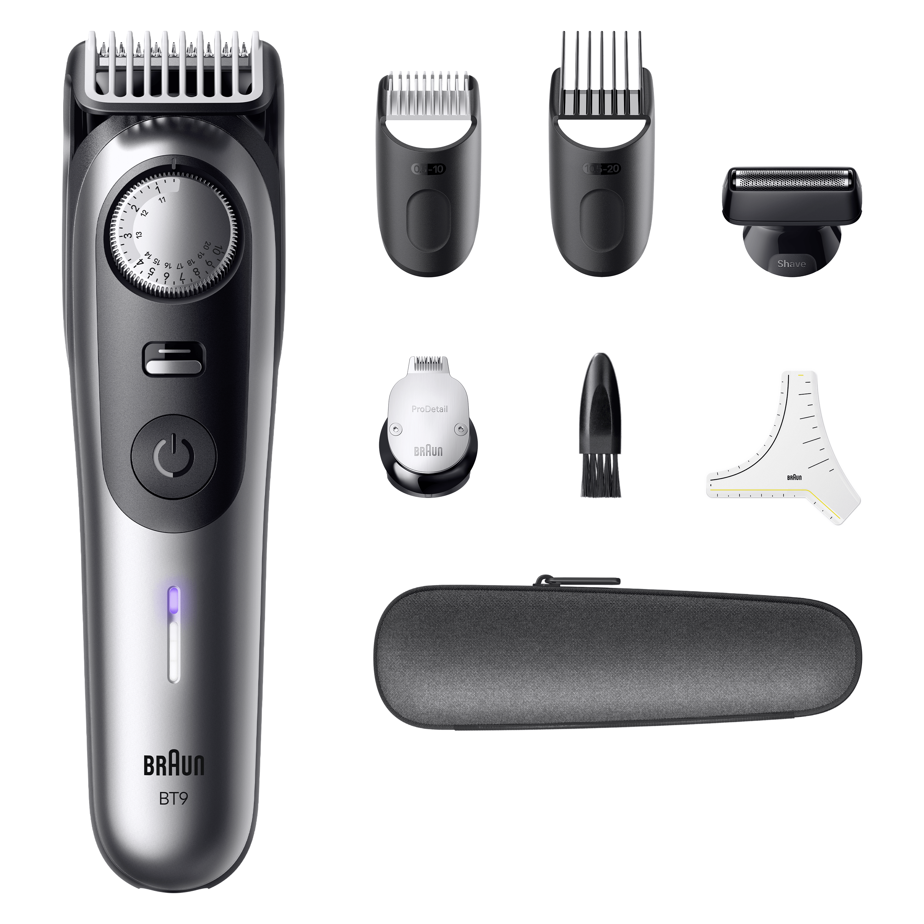 Recortadora de barba Braun BT9 con varios accesorios y estuche.