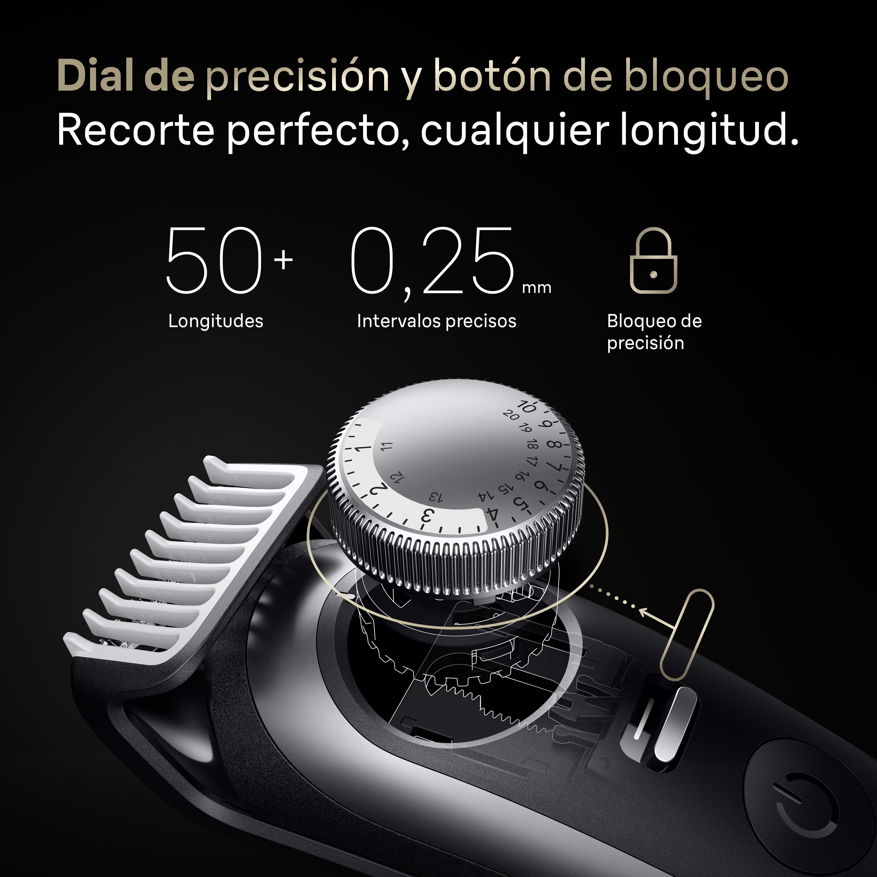 Primer plano del dial de control y el botón de bloqueo de una recortadora. Diseño en blanco y negro sobre fondo oscuro.