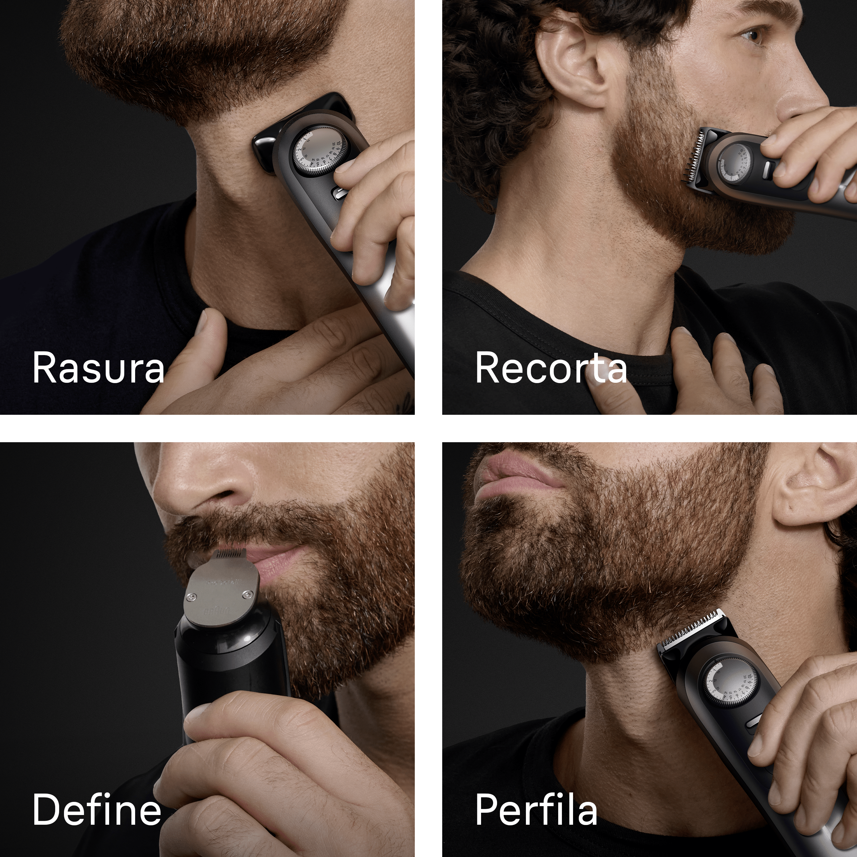 Cuatro imágenes de un hombre usando una recortadora para afeitarse, recortar, definir y perfilar su barba.