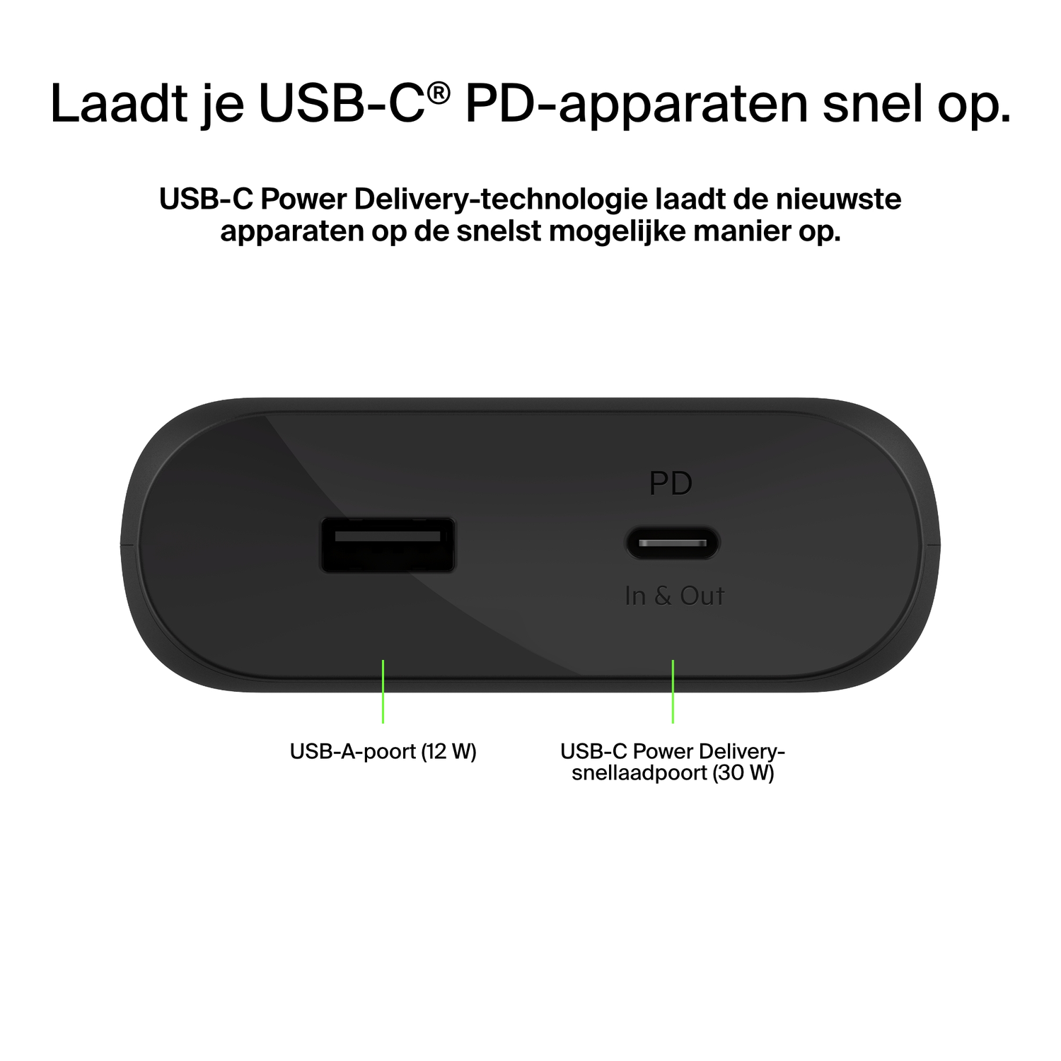 Een zwart oplaadapparaat met twee poorten, met labels aan de zijkant.