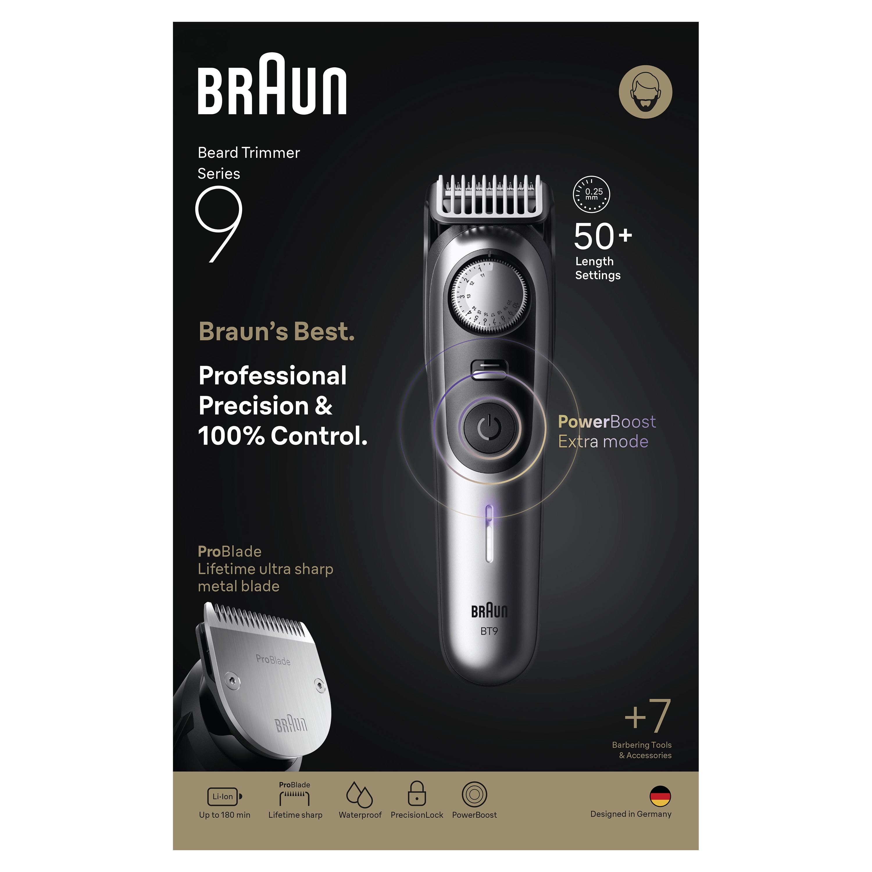 Un recortador de barba Braun negro y plateado con múltiples ajustes sobre un fondo negro.