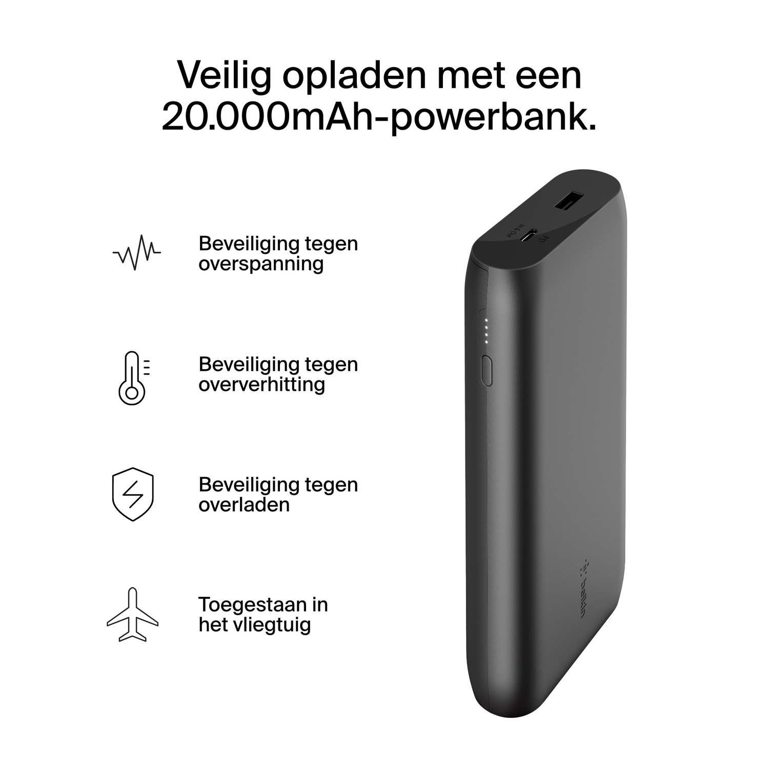 Een zwarte powerbank met tekst en iconen. Beschrijft de laadveiligheid.