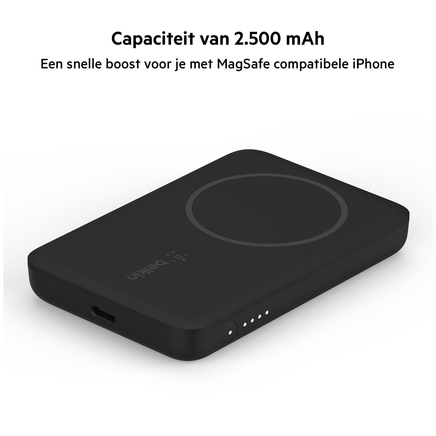 Black portable charger with a charging pad, and a battery level indicator. The Belkin logo is visible.