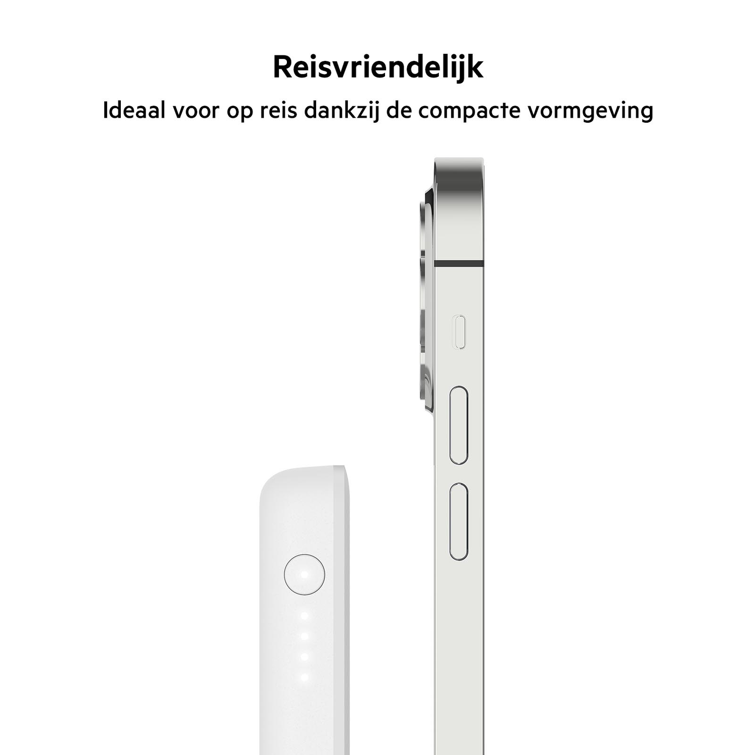 White phone and a white power bank next to a silver phone. Text in Dutch.