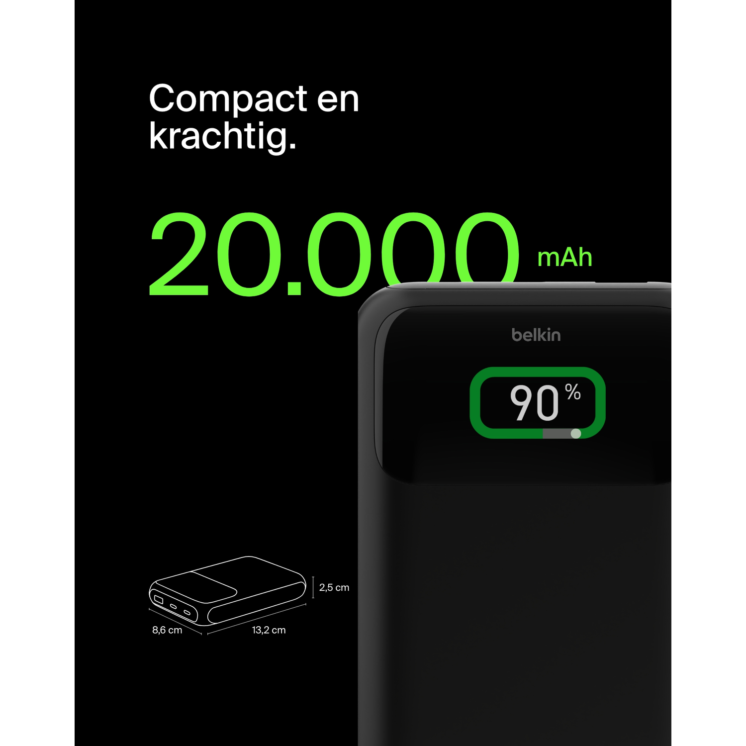 Black Belkin power bank, with a screen showing 90% charged. Text: Compact en krachtig, 20.000 mAh.