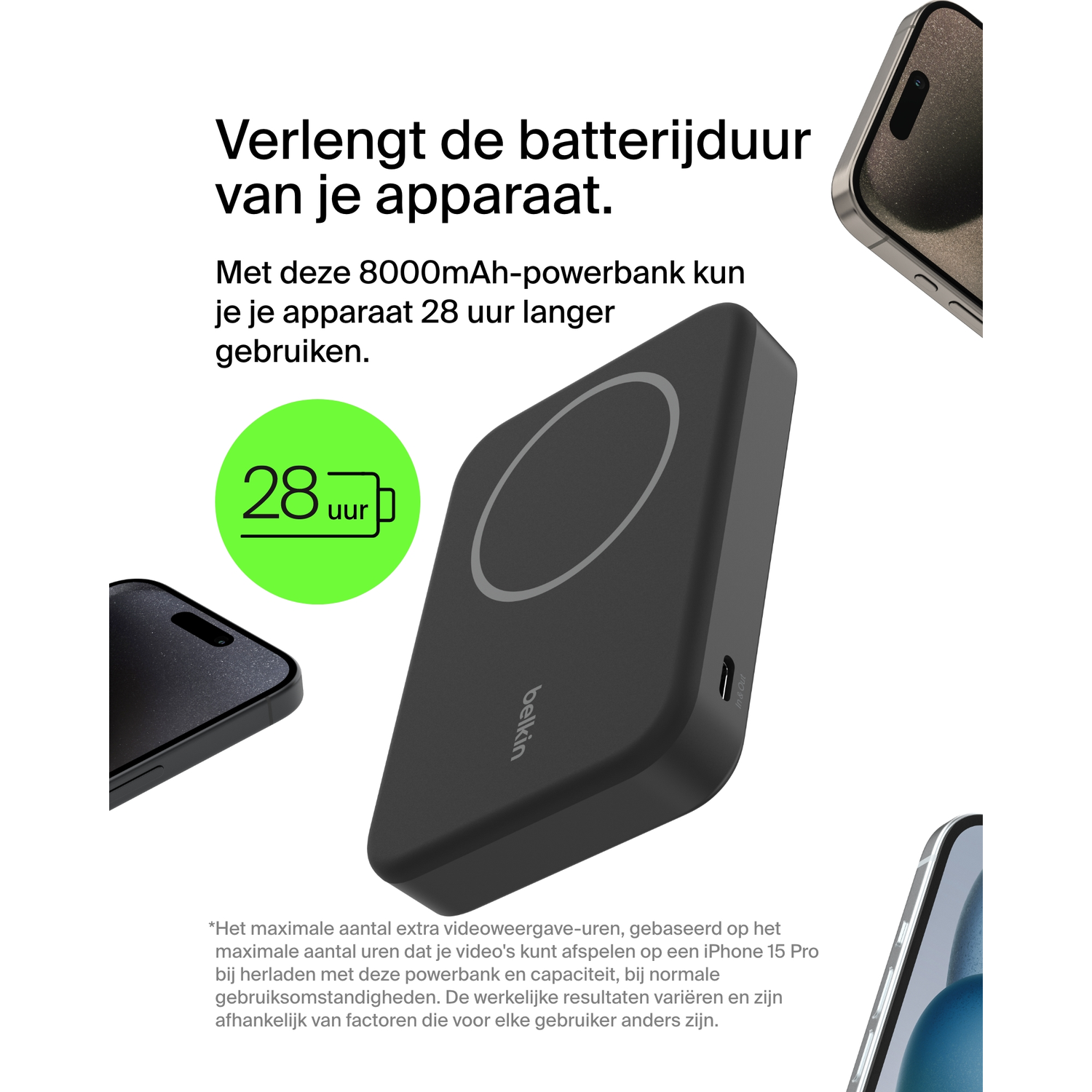 Black Belkin power bank with text and a green 28-hour icon, and three phones around it.