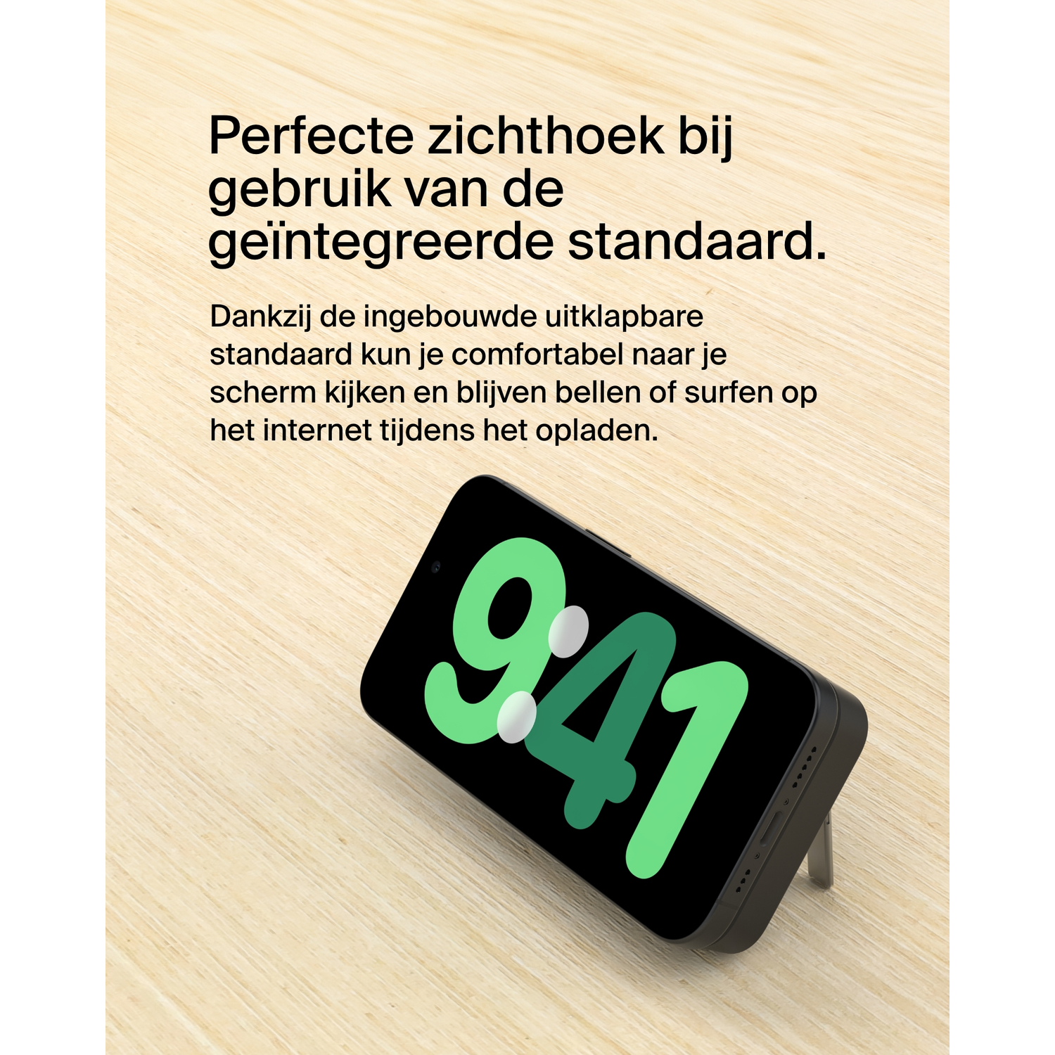iPhone on a stand showing the time 9:41. The stand is on a wooden surface.