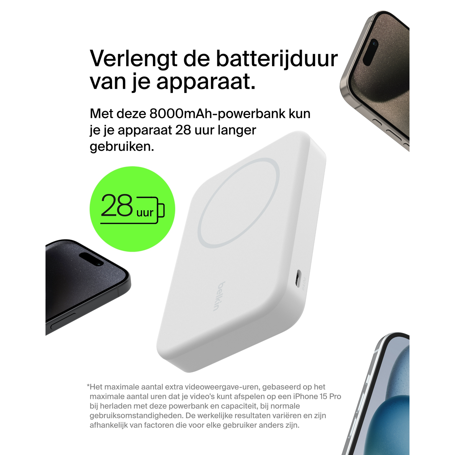 A white power bank with a phone charging. Text indicates 8000mAh and 28 hours.