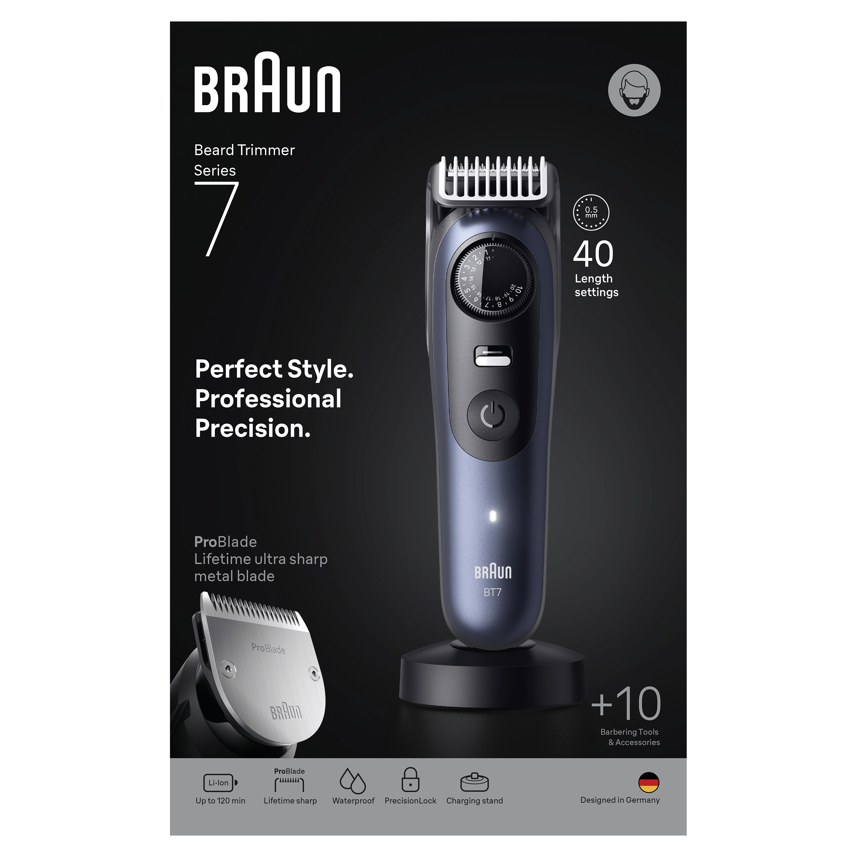 Un recortador de barba Braun azul y negro en un soporte de carga, con un fondo negro.
