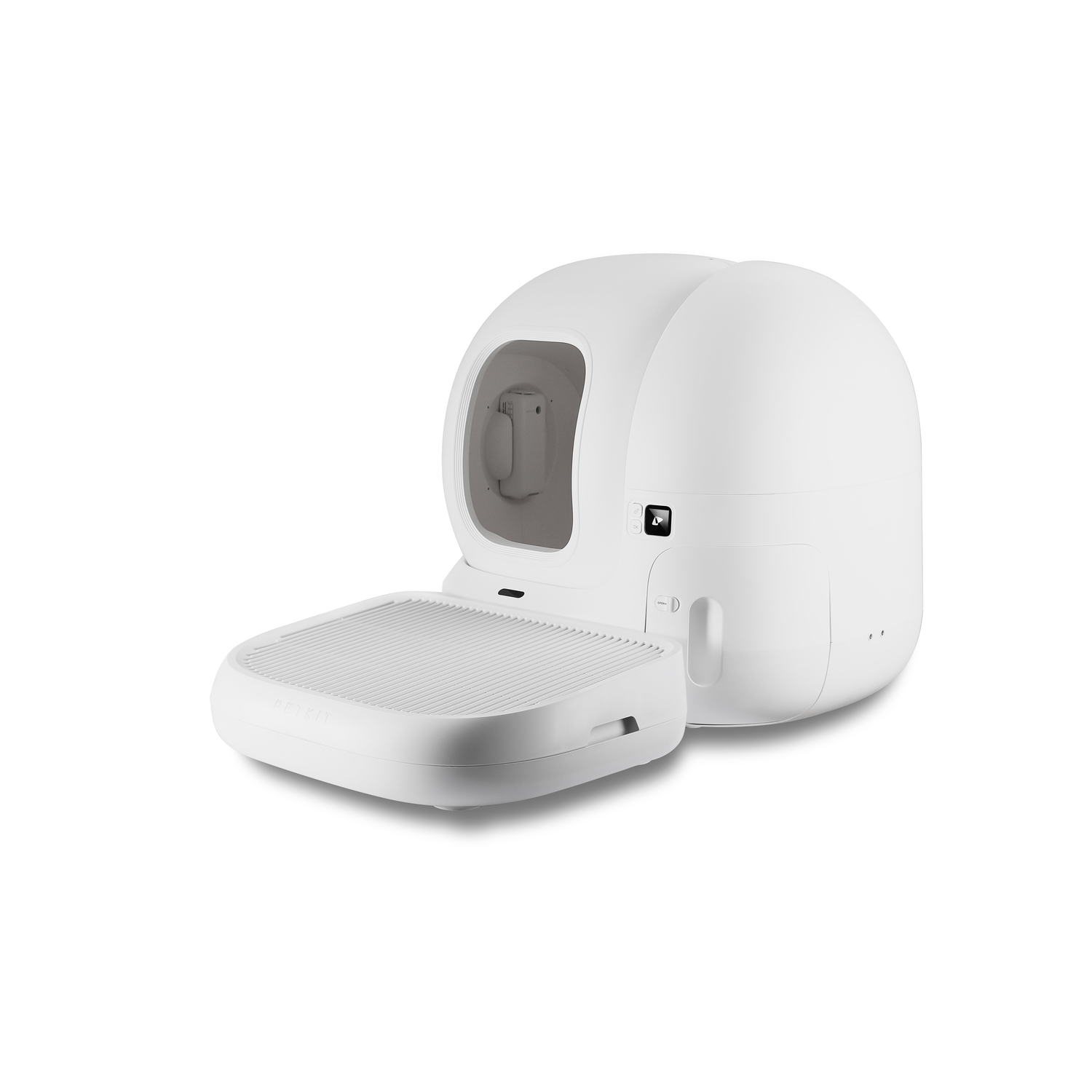 Witte, afgeronde automatische kattenbak met een trede. Op een witte achtergrond.