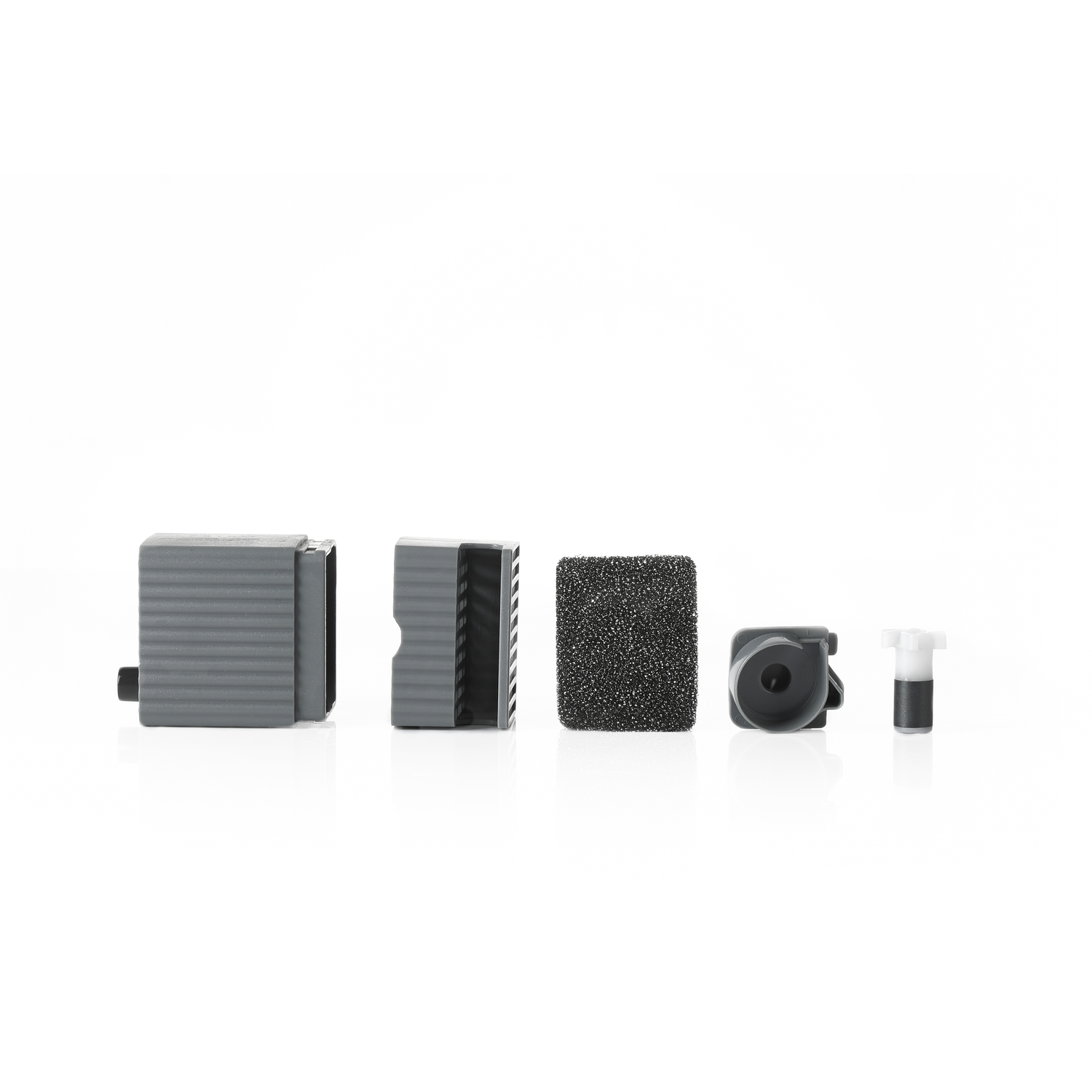 Various gray pump parts, including a pump head, filter, and impeller.