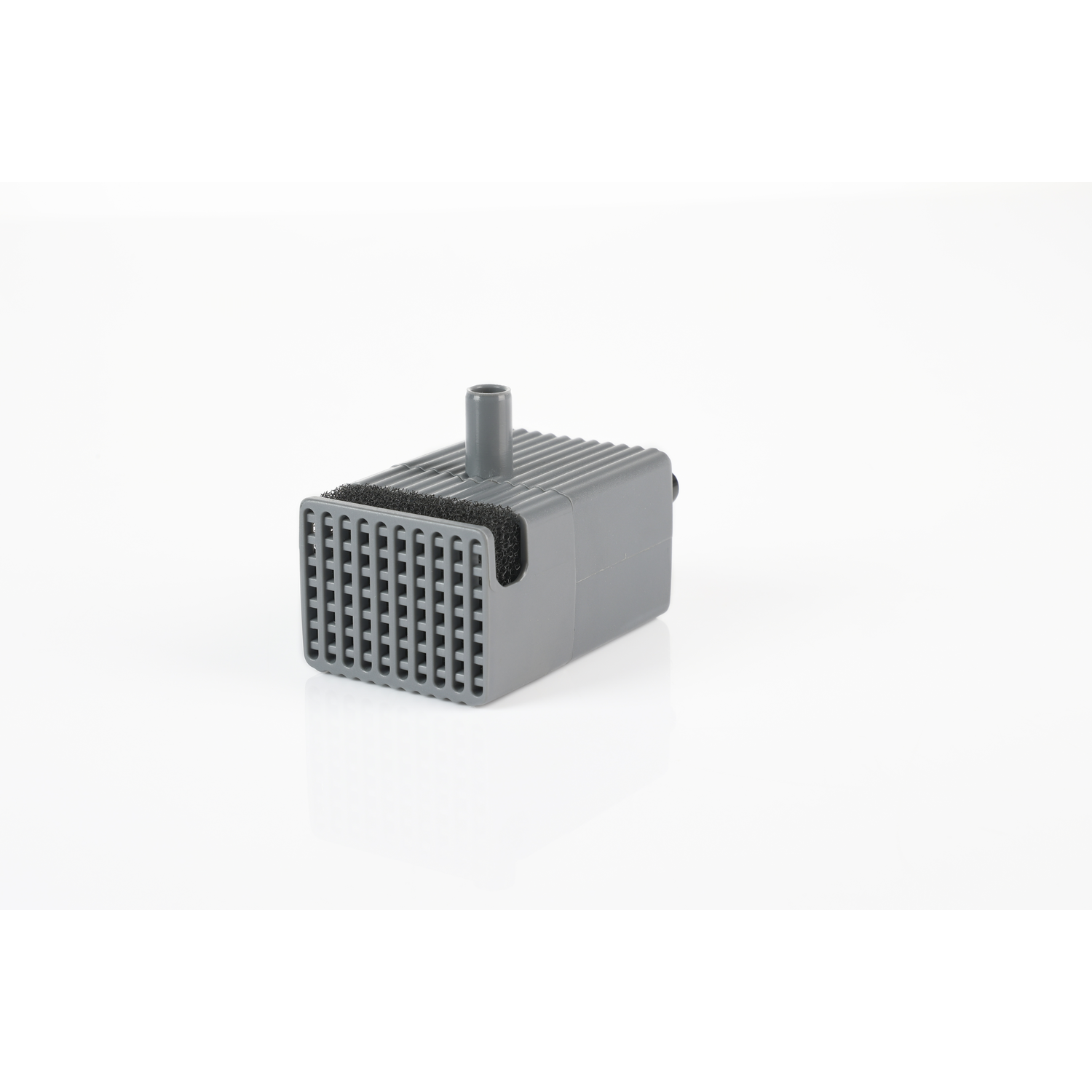 A gray rectangular water pump with a black filter.