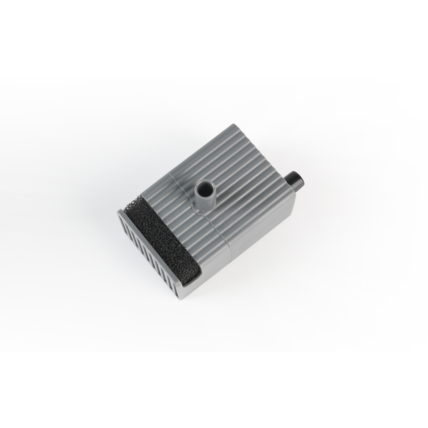 A gray rectangular device, with a black sponge filter on white background.