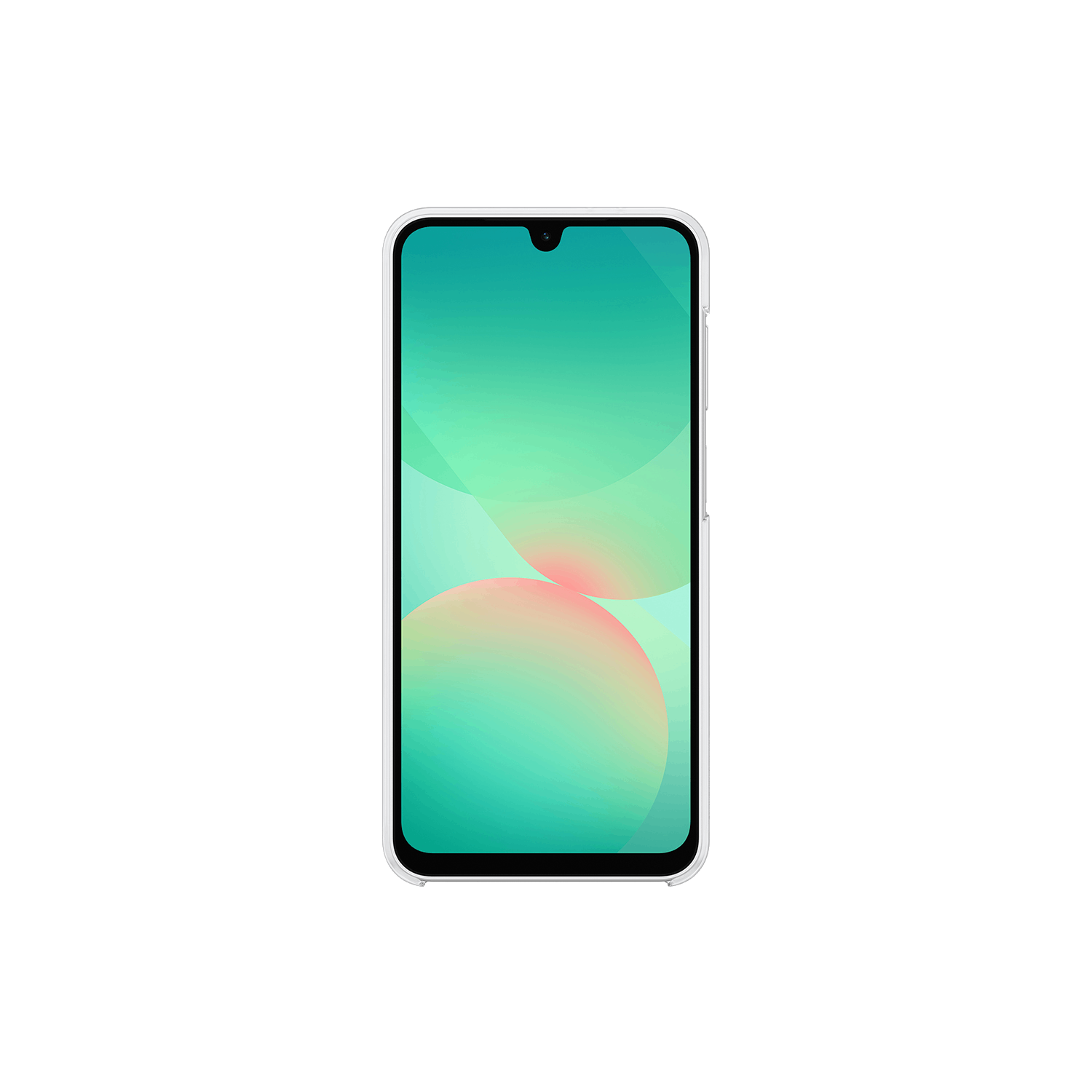 Un smartphone con pantalla degradada turquesa y rosa centrado sobre fondo negro.