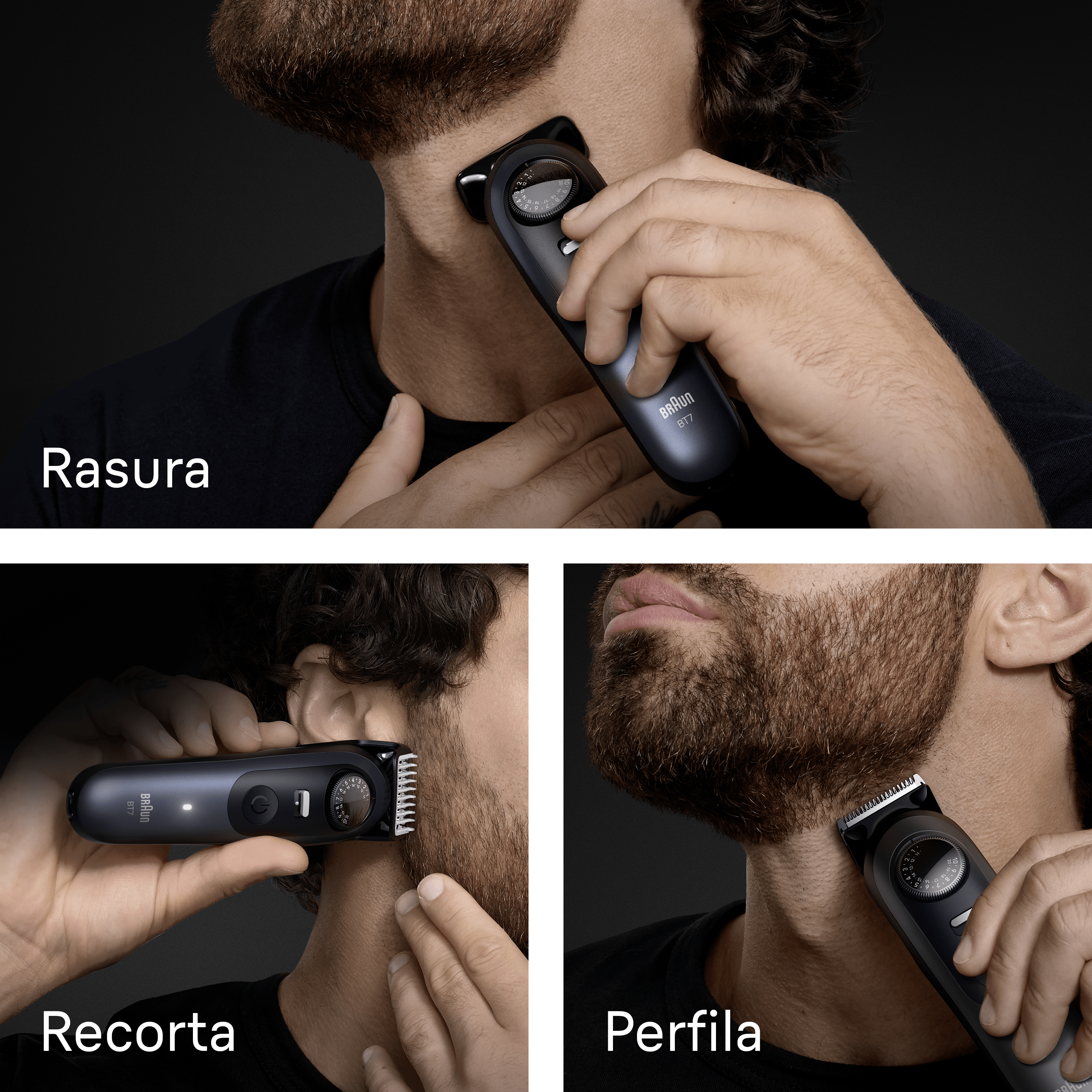 Un hombre usando una recortadora Braun negra. La imagen muestra la recortadora en uso, con etiquetas de texto para cada paso.