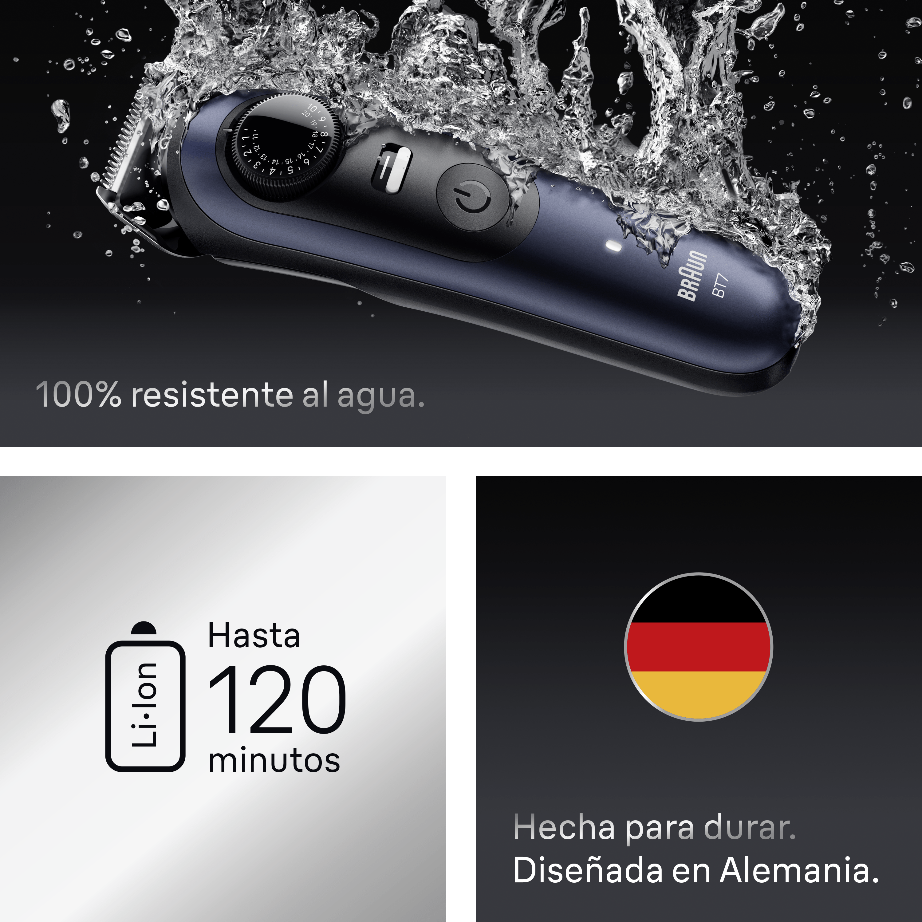 Afeitadora Braun BTT azul y negra con salpicaduras de agua y texto sobre resistencia al agua.