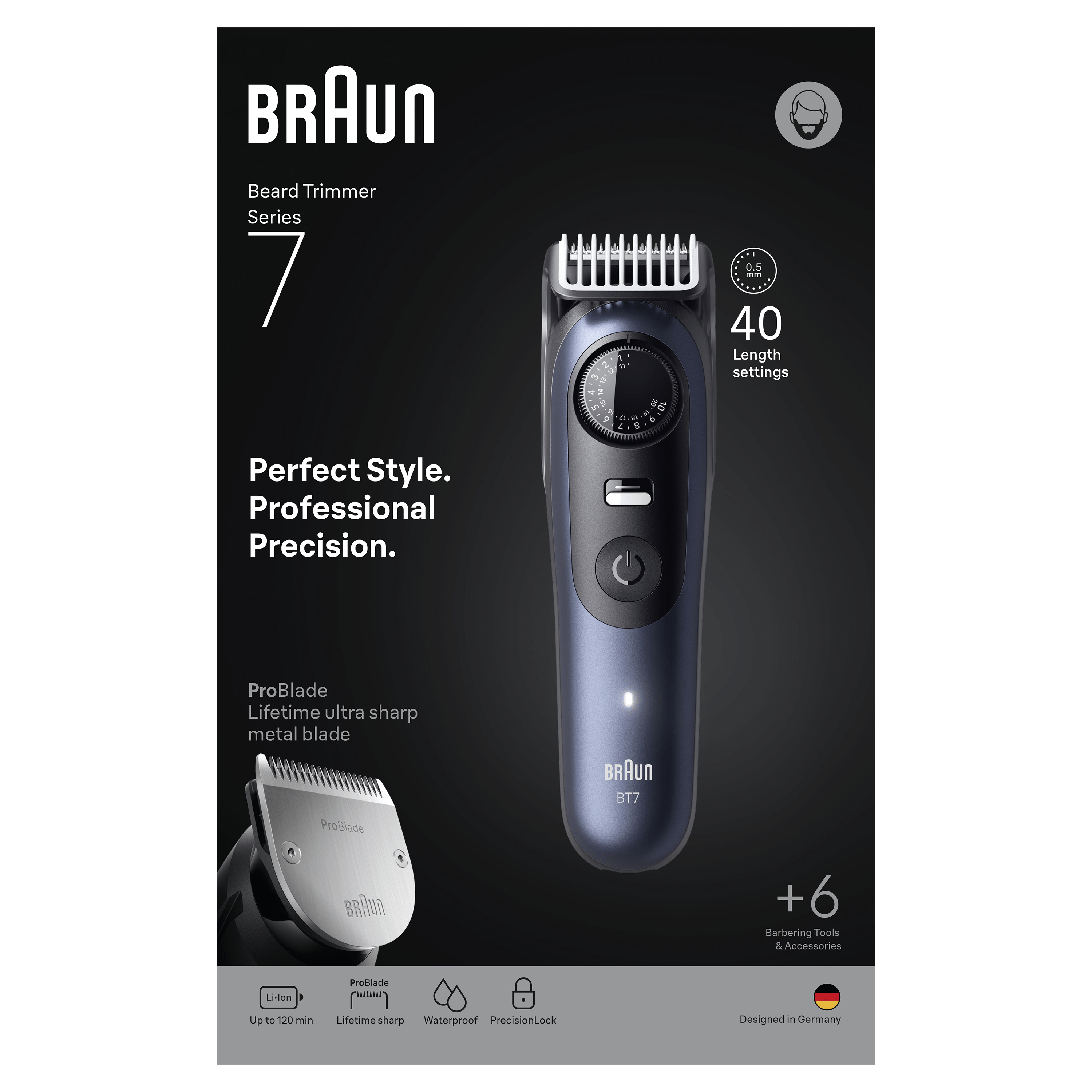 Recortadora de barba Braun con texto y accesorios sobre fondo negro.