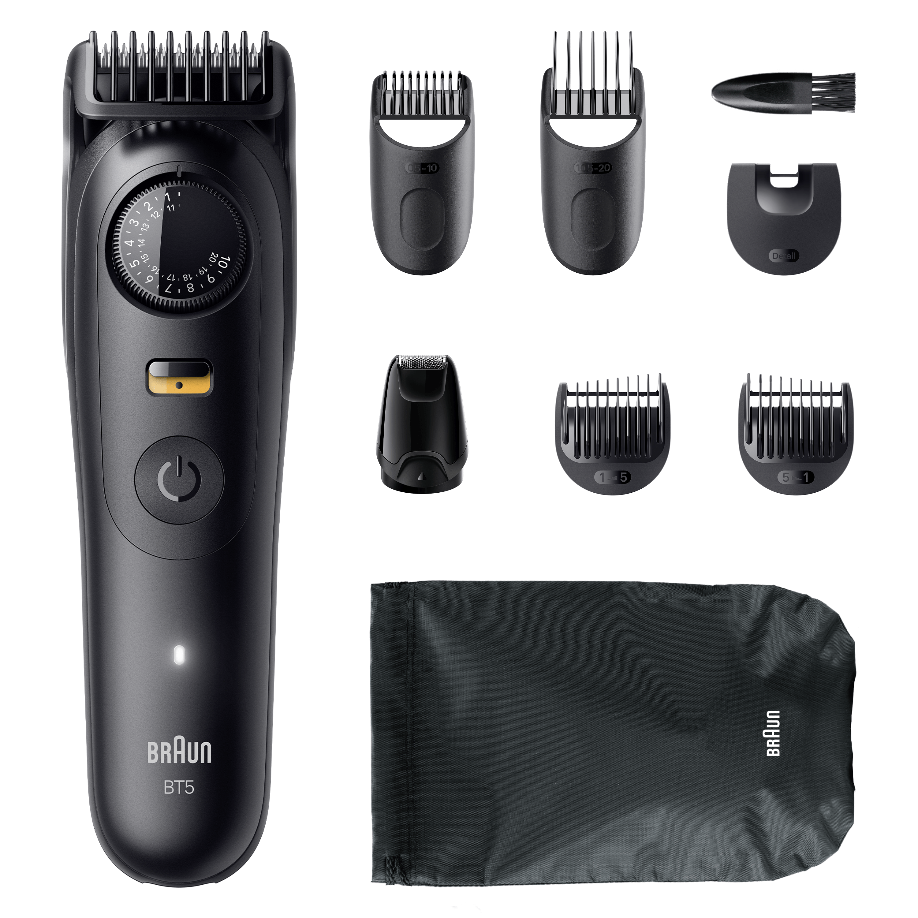 Recortadora de barba negra con accesorios y bolsa de almacenamiento negra.