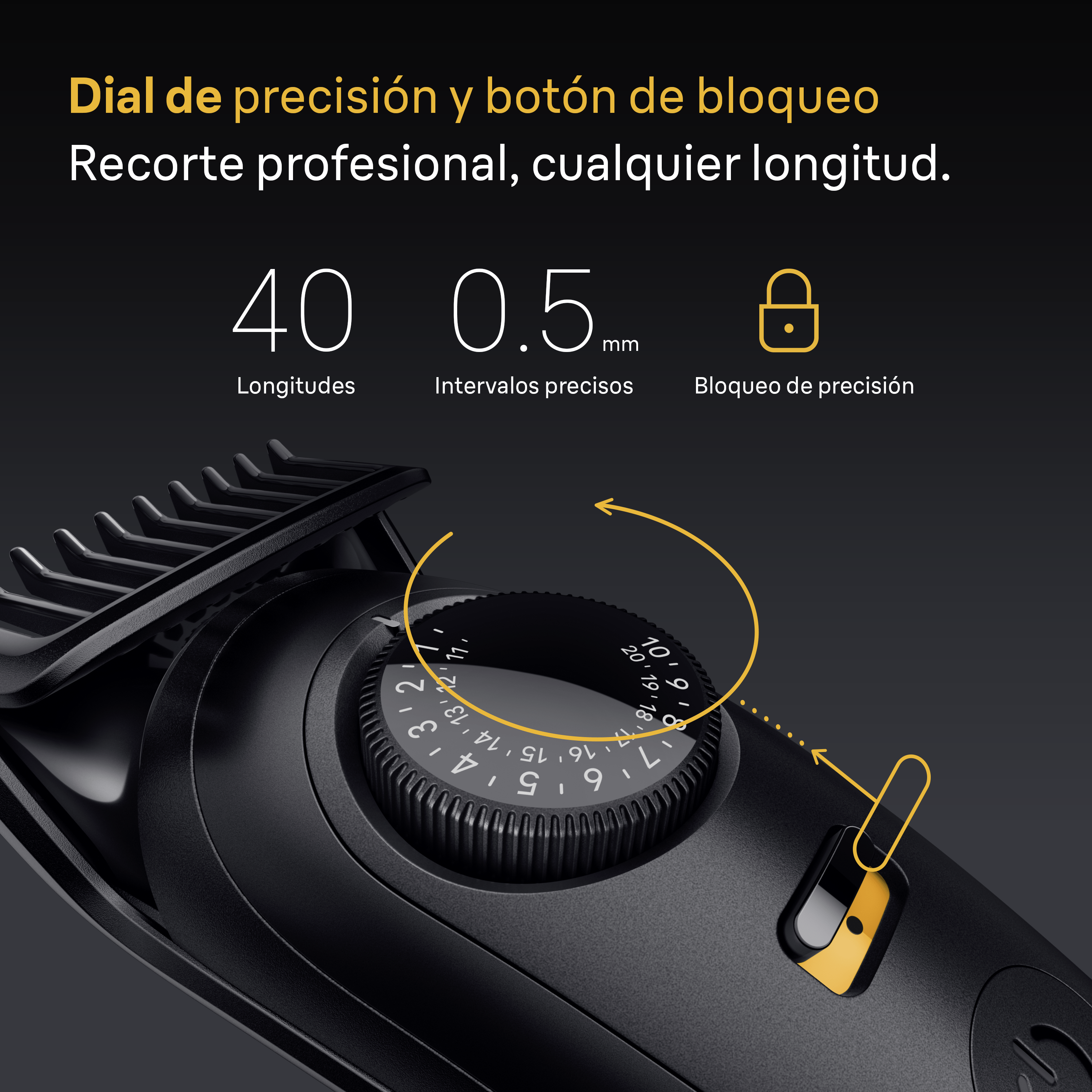 Cortapelos negro con dial de longitud y botón de bloqueo.