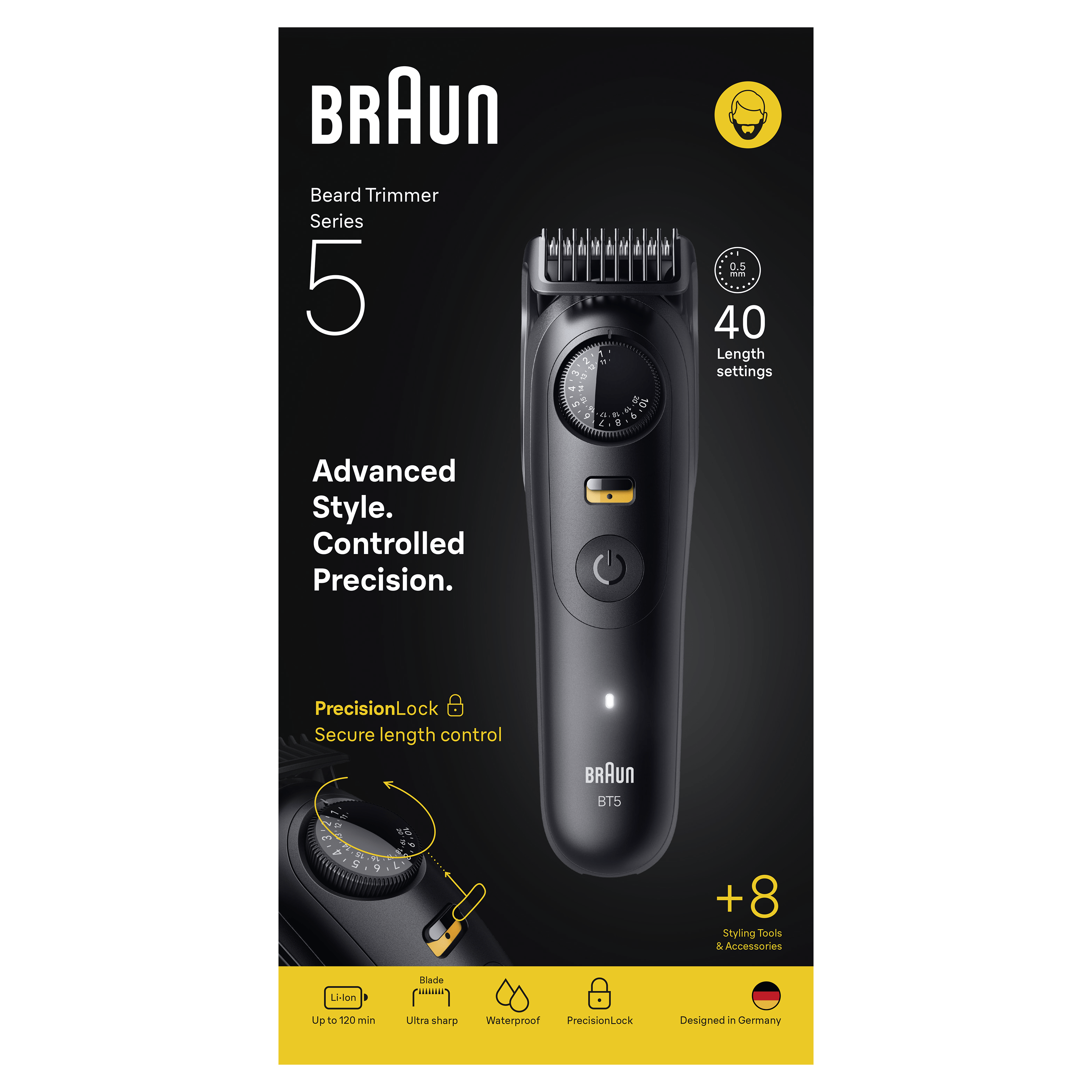 Una recortadora de barba Braun negra, que muestra la configuración de longitud y las herramientas.