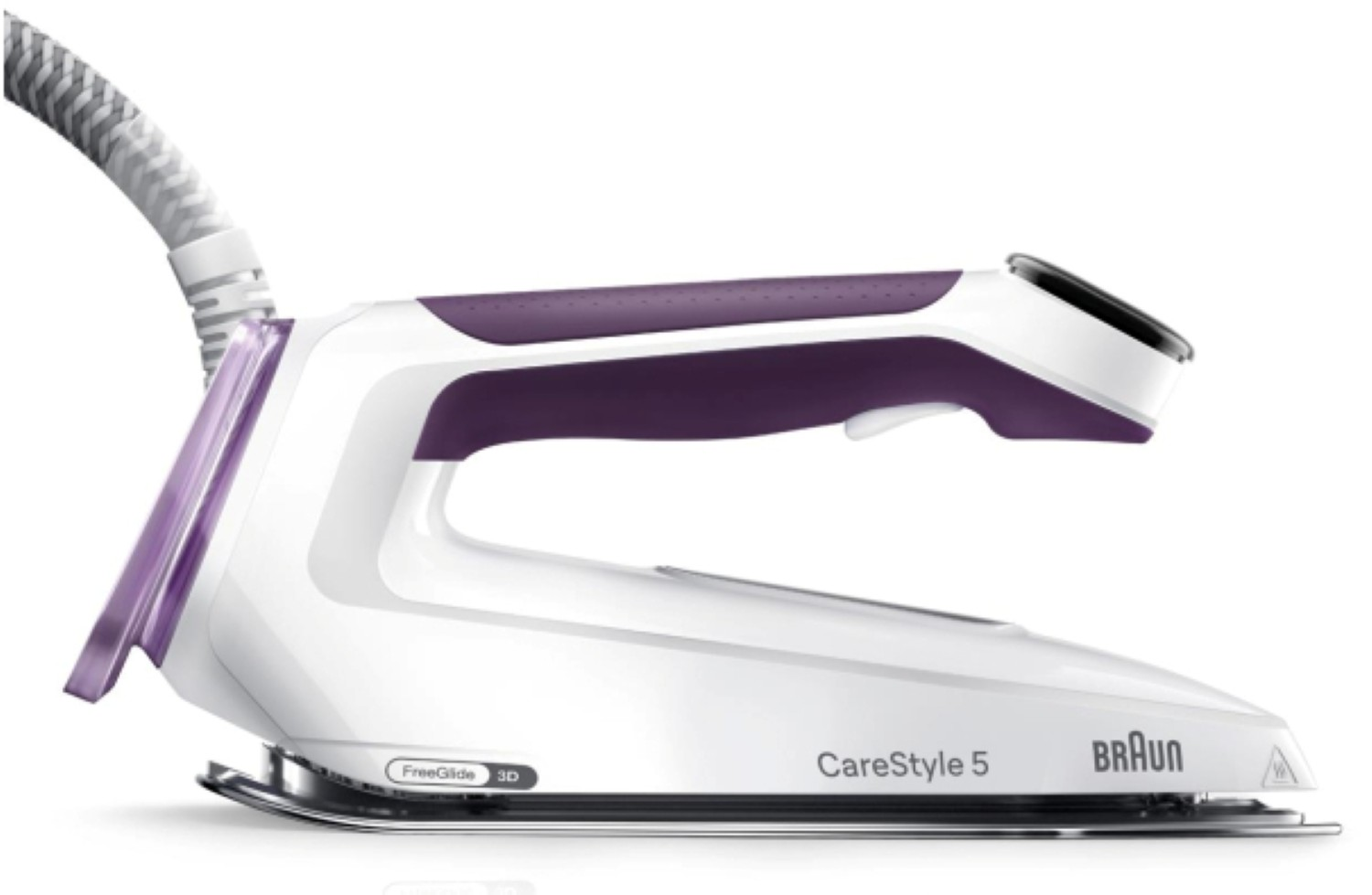 Białe i fioletowe żelazko Braun CareStyle 5 z szarym wężem.