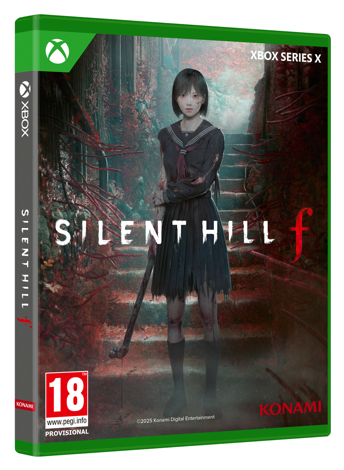 Arte de la caja del juego Silent Hill f, con una niña sosteniendo una tubería y el logotipo de Konami.