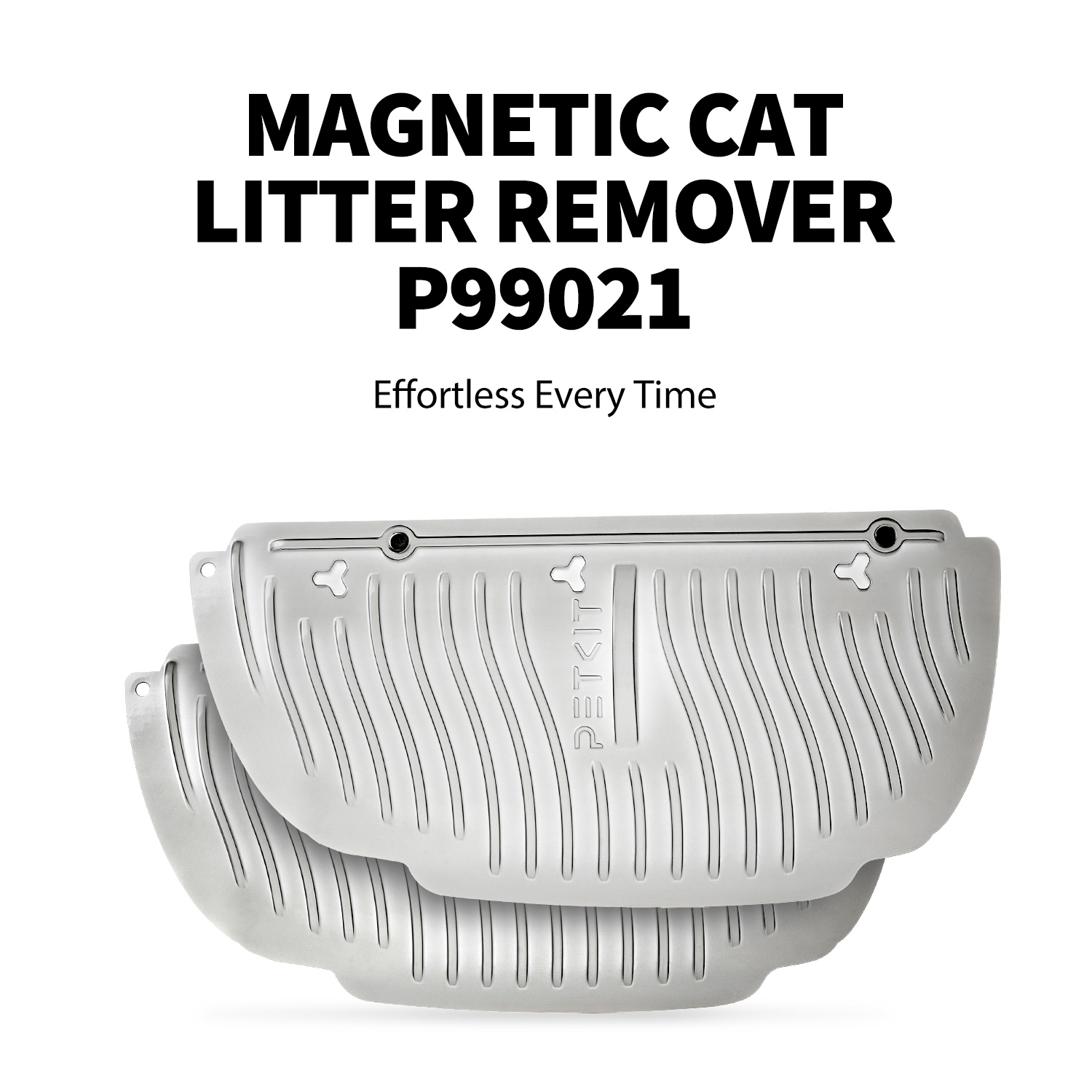 Deux tapis gris pour retirer la litière pour chats. Le texte dit : Enlève-litière magnétique pour chats.