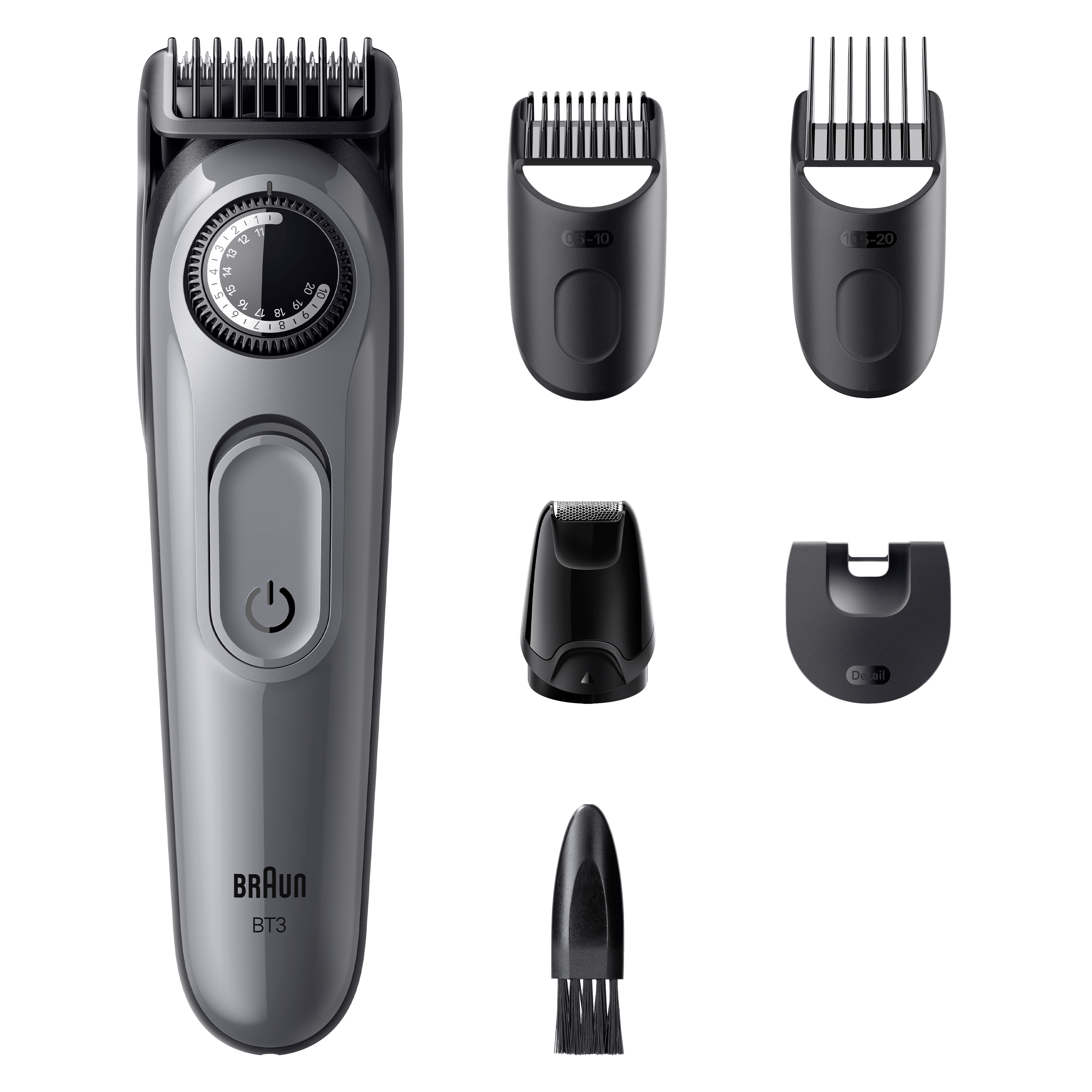 Recortadora de barba Braun con accesorios. Recortadora gris, accesorios en negro y gris. Fondo blanco.