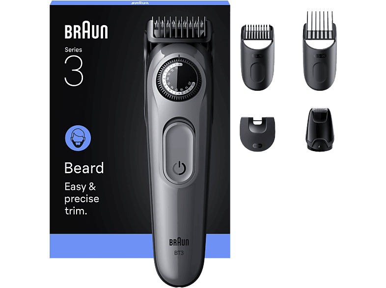 Barbero - Braun Series 3 BT3560, 4 cabezales para barba, 40 ajustes de longitud, Lámina ultra afilada, Gris