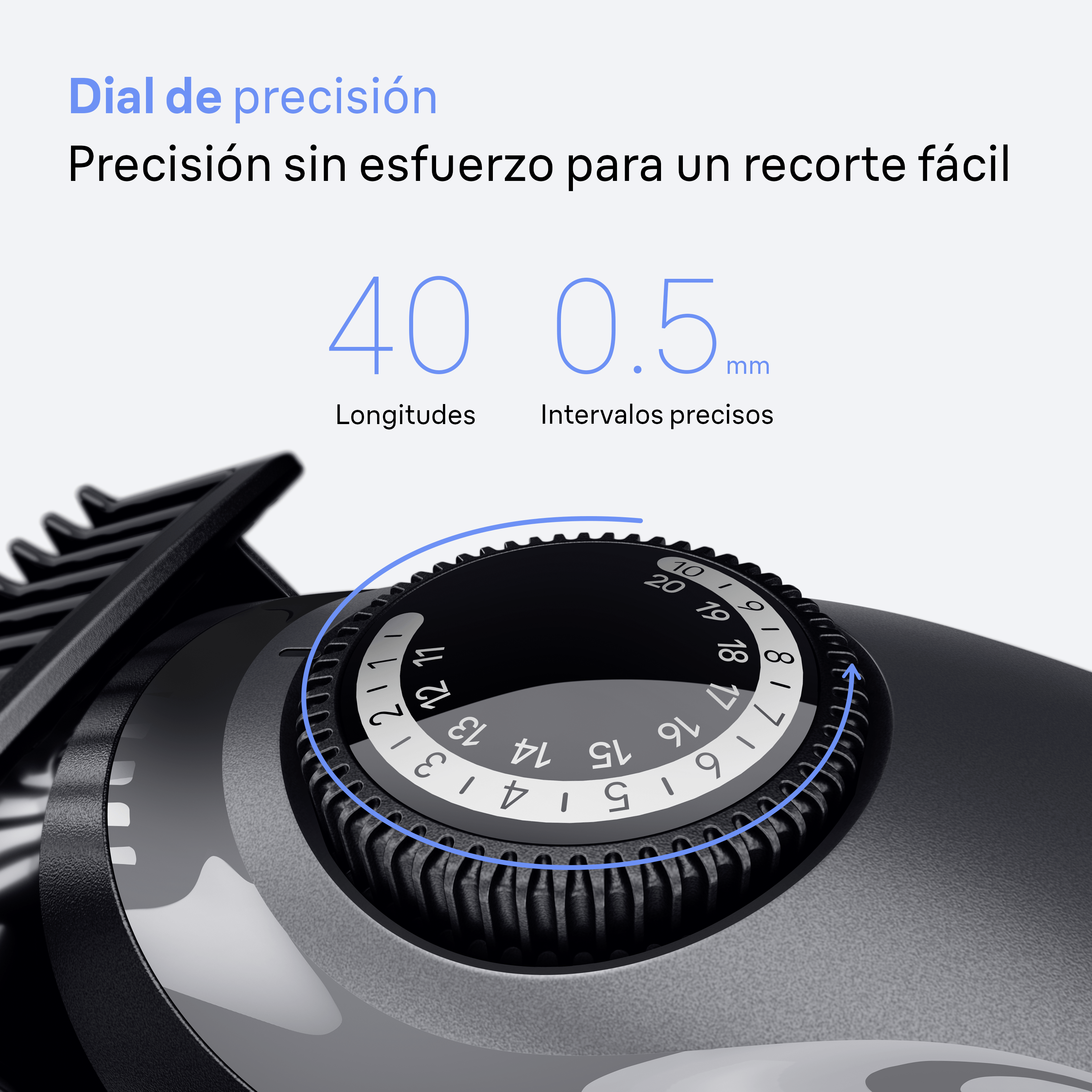 Primer plano del dial de una afeitadora con números que indican los ajustes de longitud.