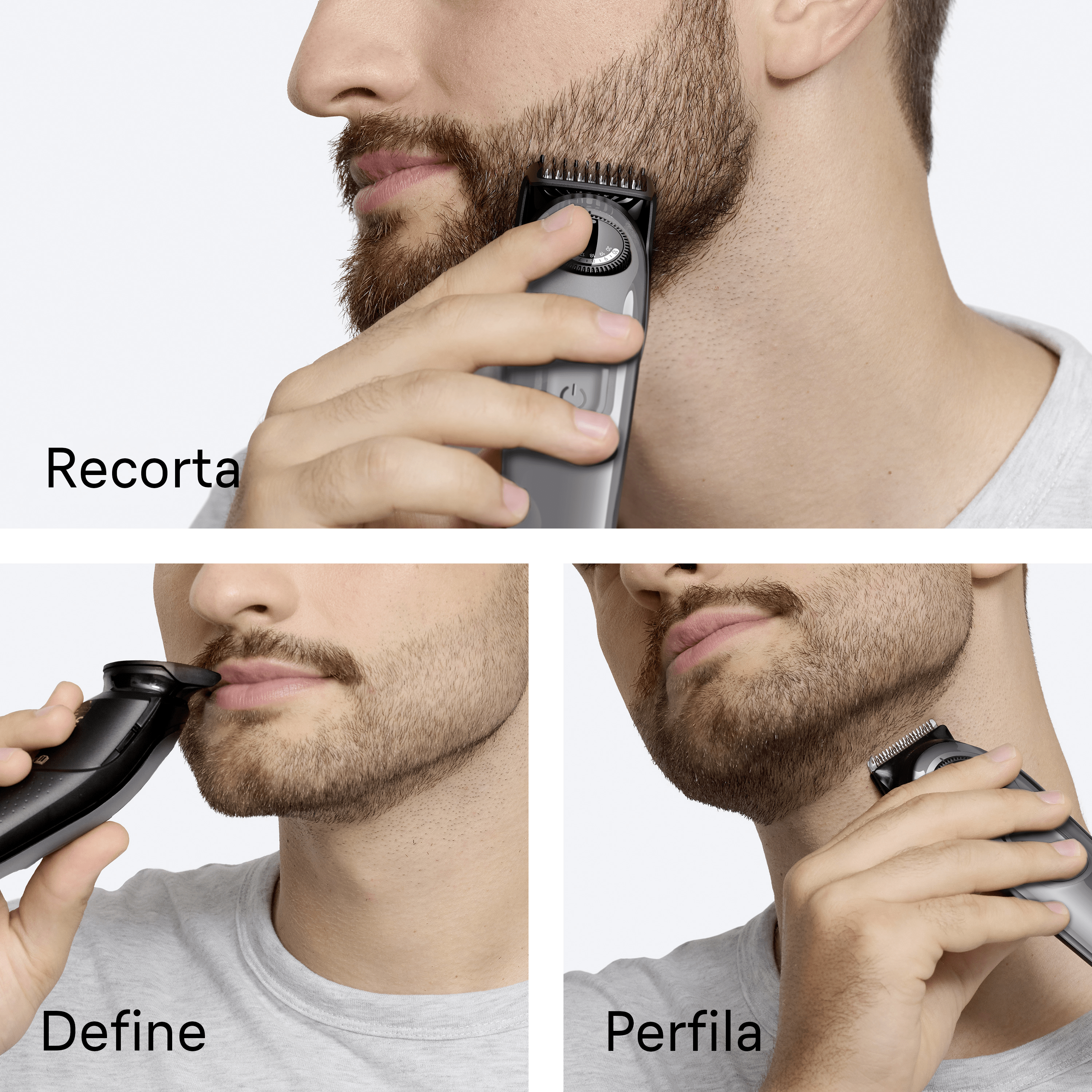 Tres imágenes que muestran a un hombre recortando, definiendo y perfilando su barba con una recortadora.