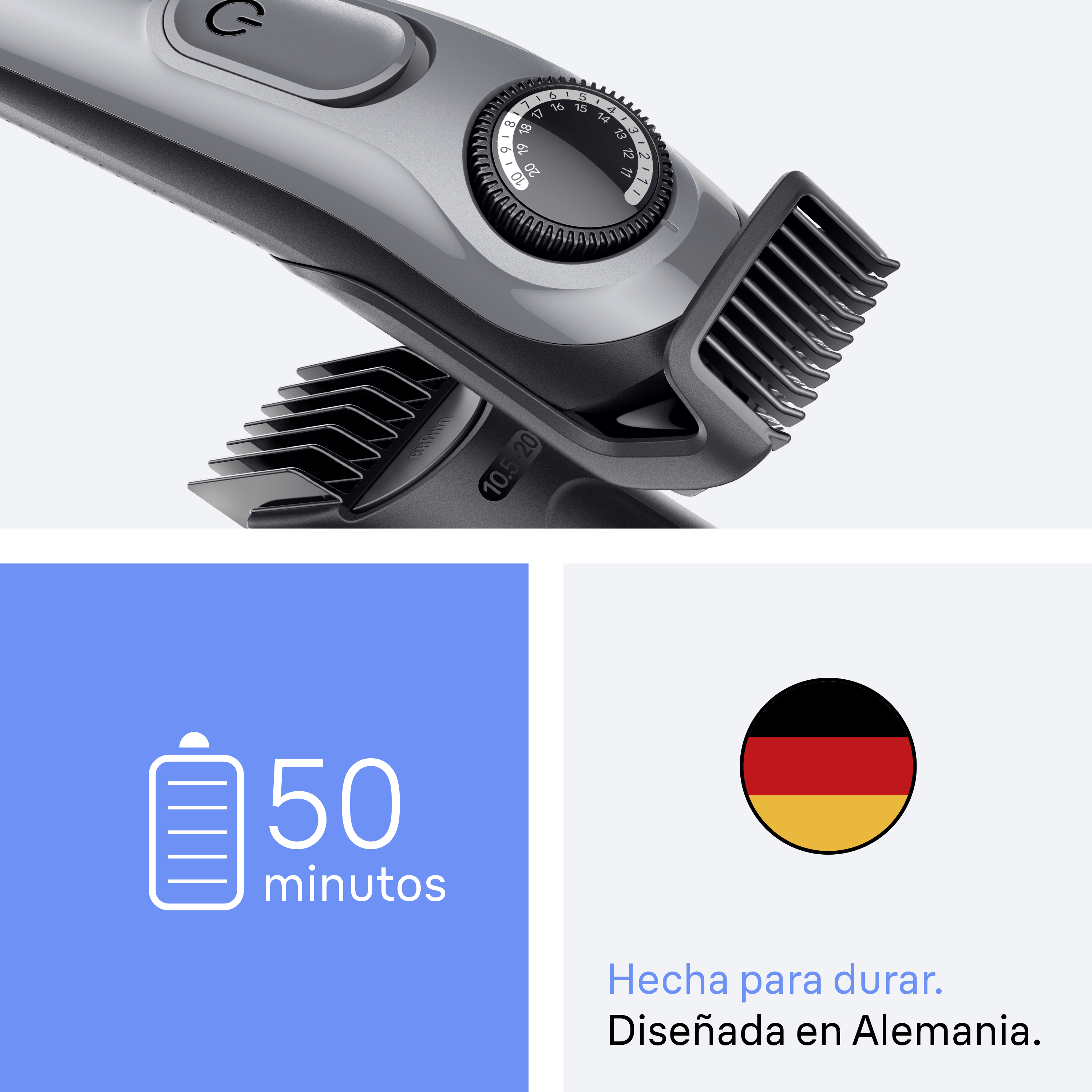 Primer plano de una cortadora de pelo gris. Fondo azul con icono de batería y texto '50 minutos'.