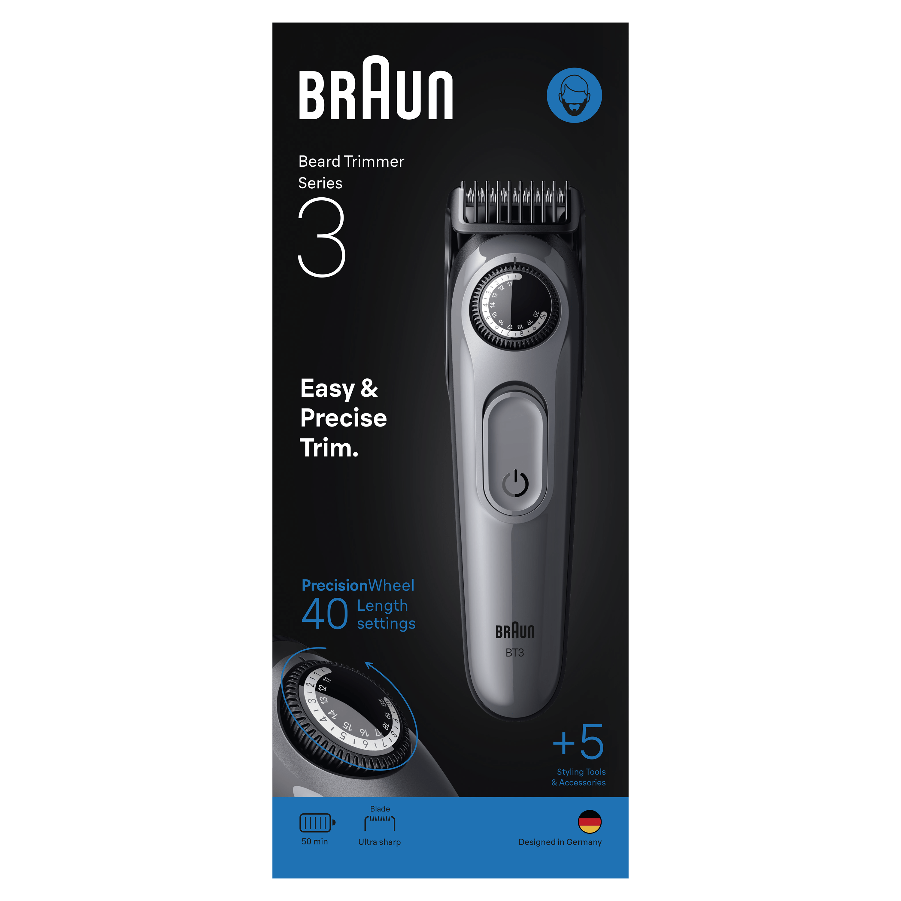 Embalaje del recortador de barba Braun Series 3. Recortadora gris con detalles negros y una rueda de precisión.