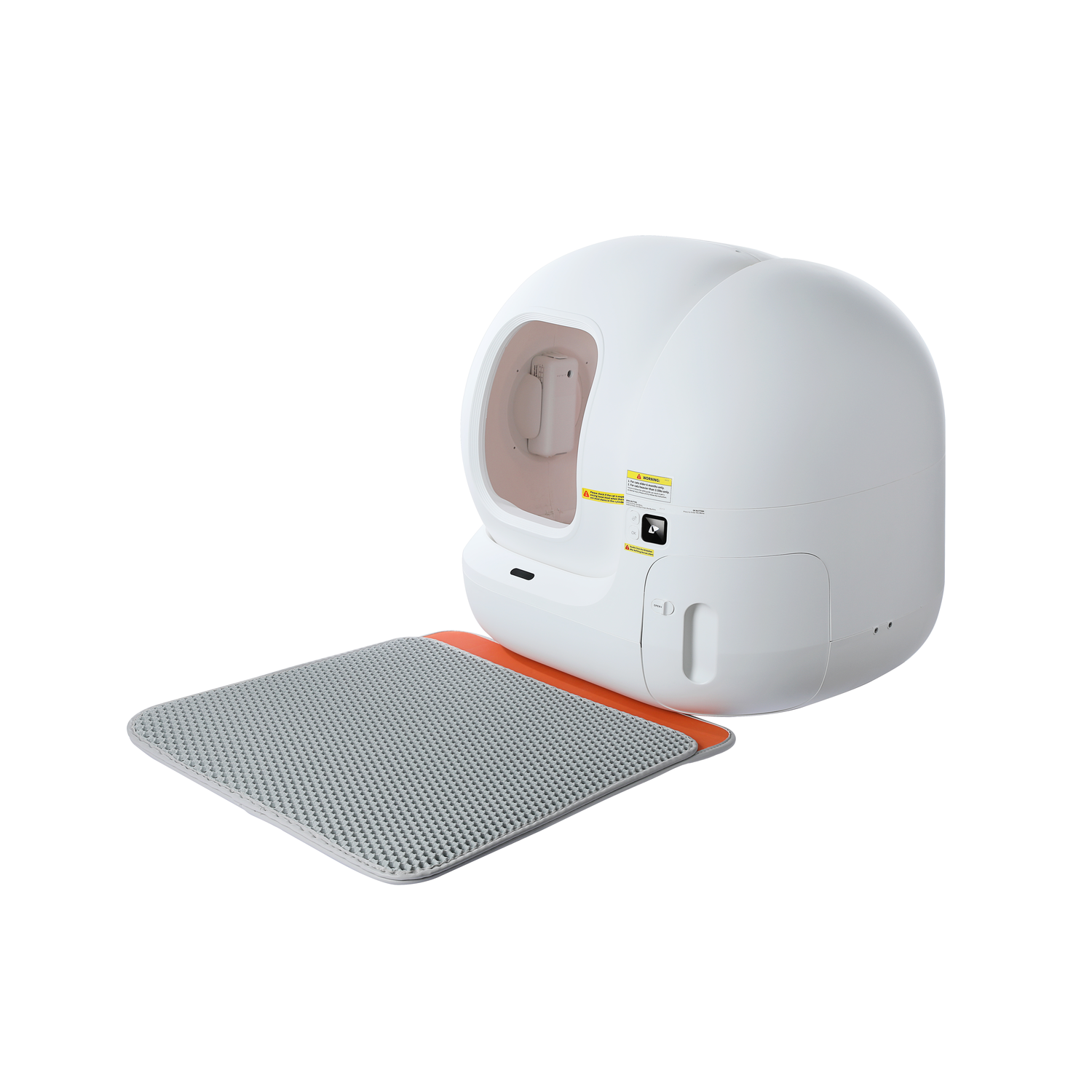 A white cat litter box with an orange-gray mat underneath.