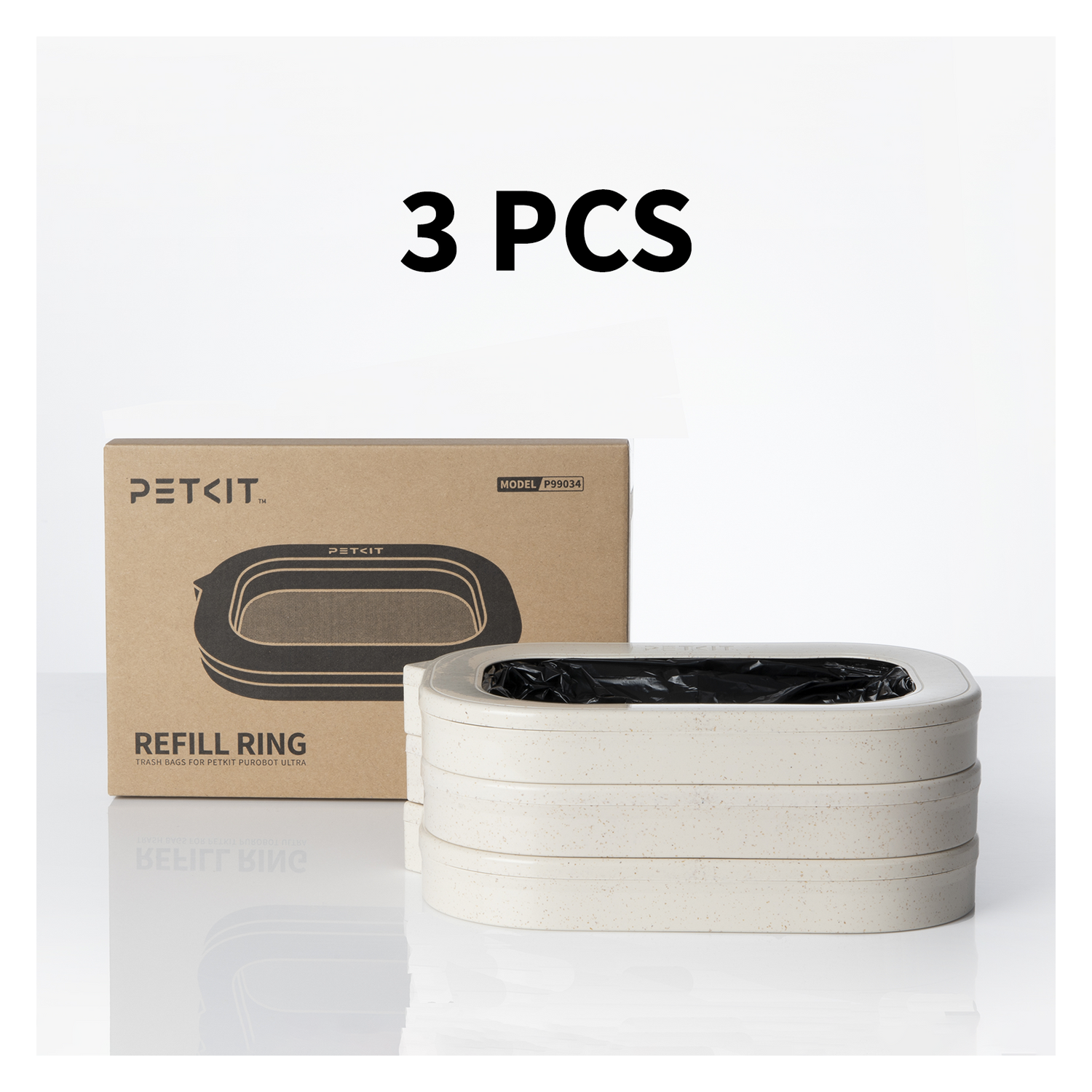 Three beige pet waste refill rings and a cardboard box. Text: '3 PCS' and 'REFILL RING'.