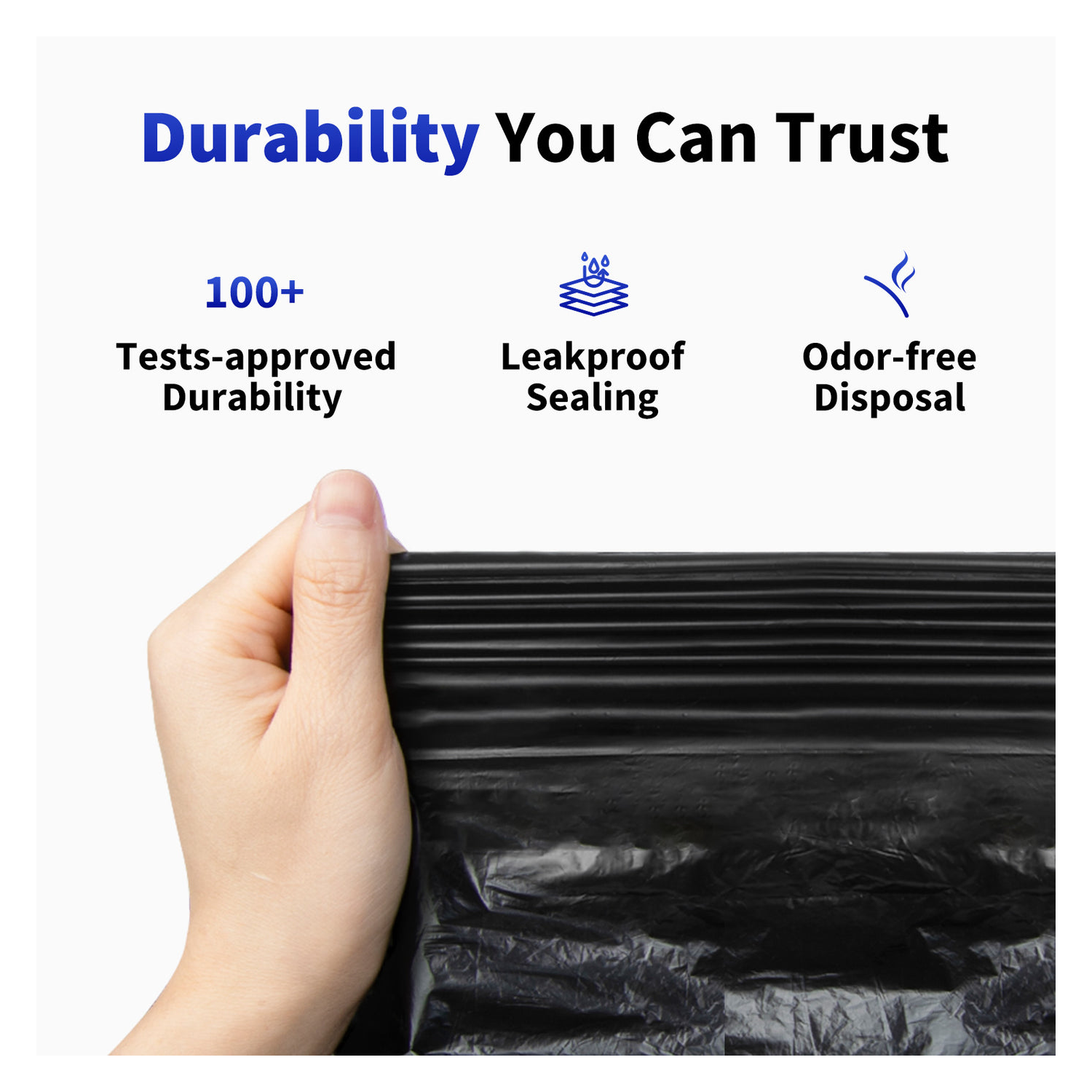 Hand holding a black trash bag. Text: Durability You Can Trust, and icons of tests, leakproof and odor-free.