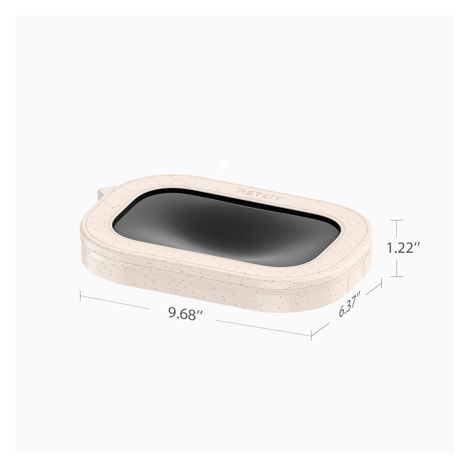A beige cat litter box with a black opening.