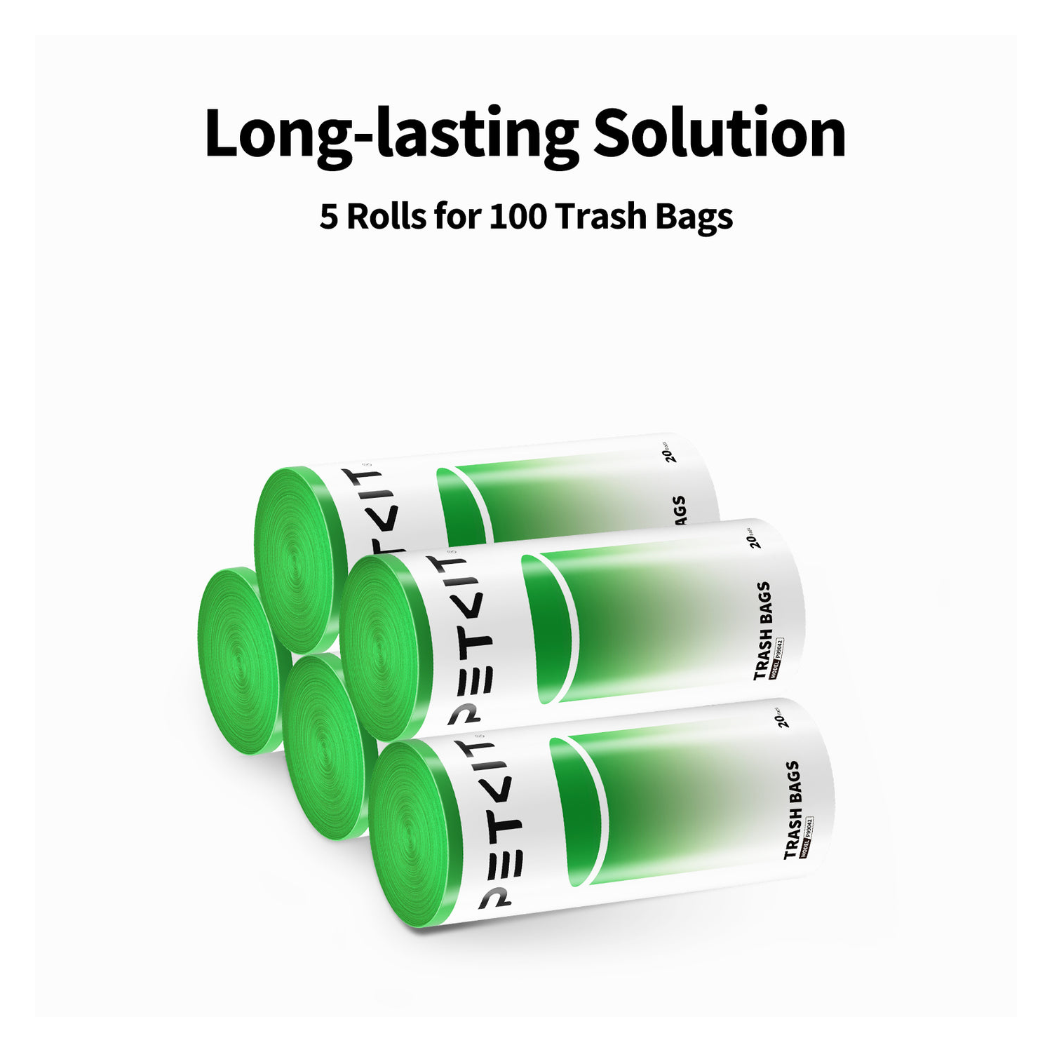 Five rolls of green trash bags with white labels, stacked on white background.