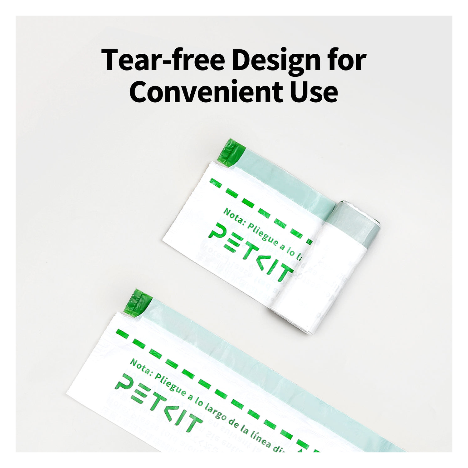 Two white PETKIT bags are on a white surface. The bags have green text and a tear line.