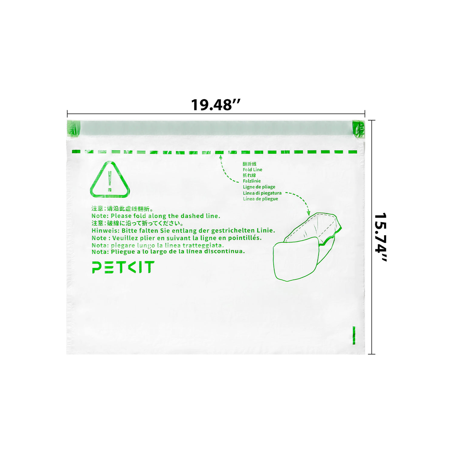 A white PETKIT package with folding instructions and dimensions on a white background.