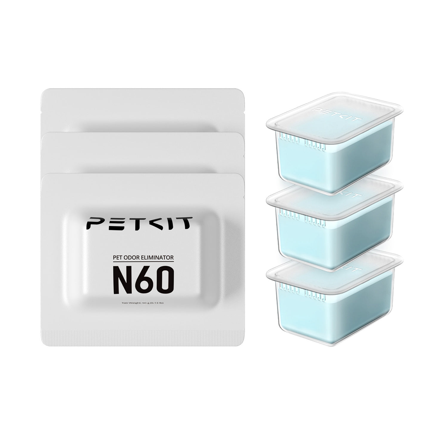 Three white PETKIT odor eliminator containers. One is a packet, others are open boxes.