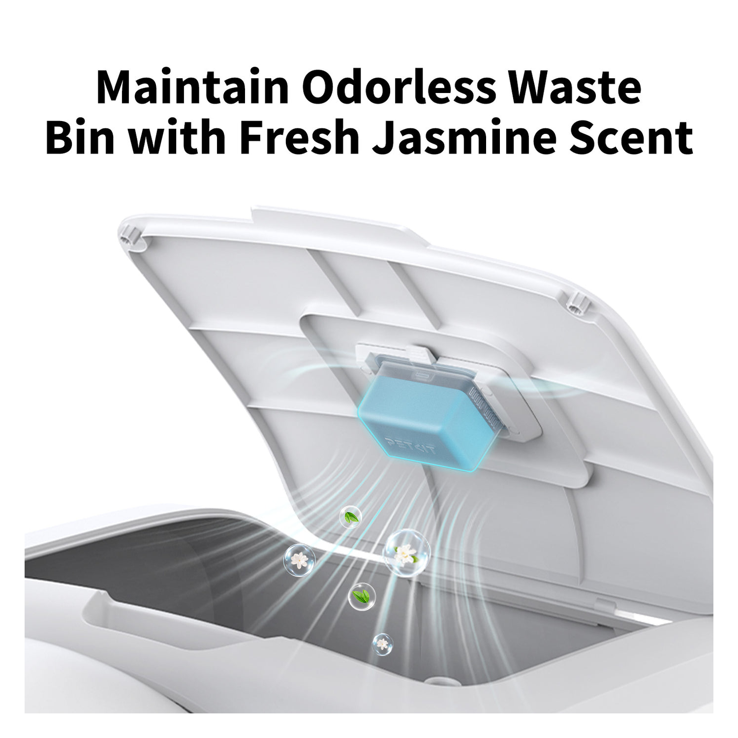 White waste bin open, blue filter, jasmine scent graphics and text, "Maintain Odorless Waste Bin"