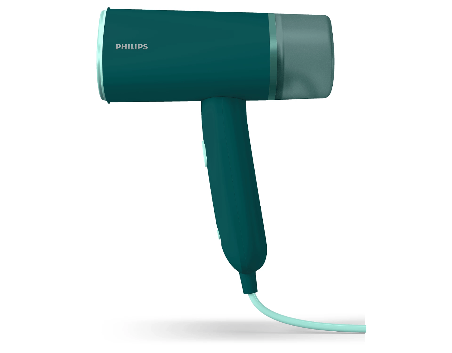 Un vaporizador de mano Philips turquesa y gris sobre un fondo blanco.