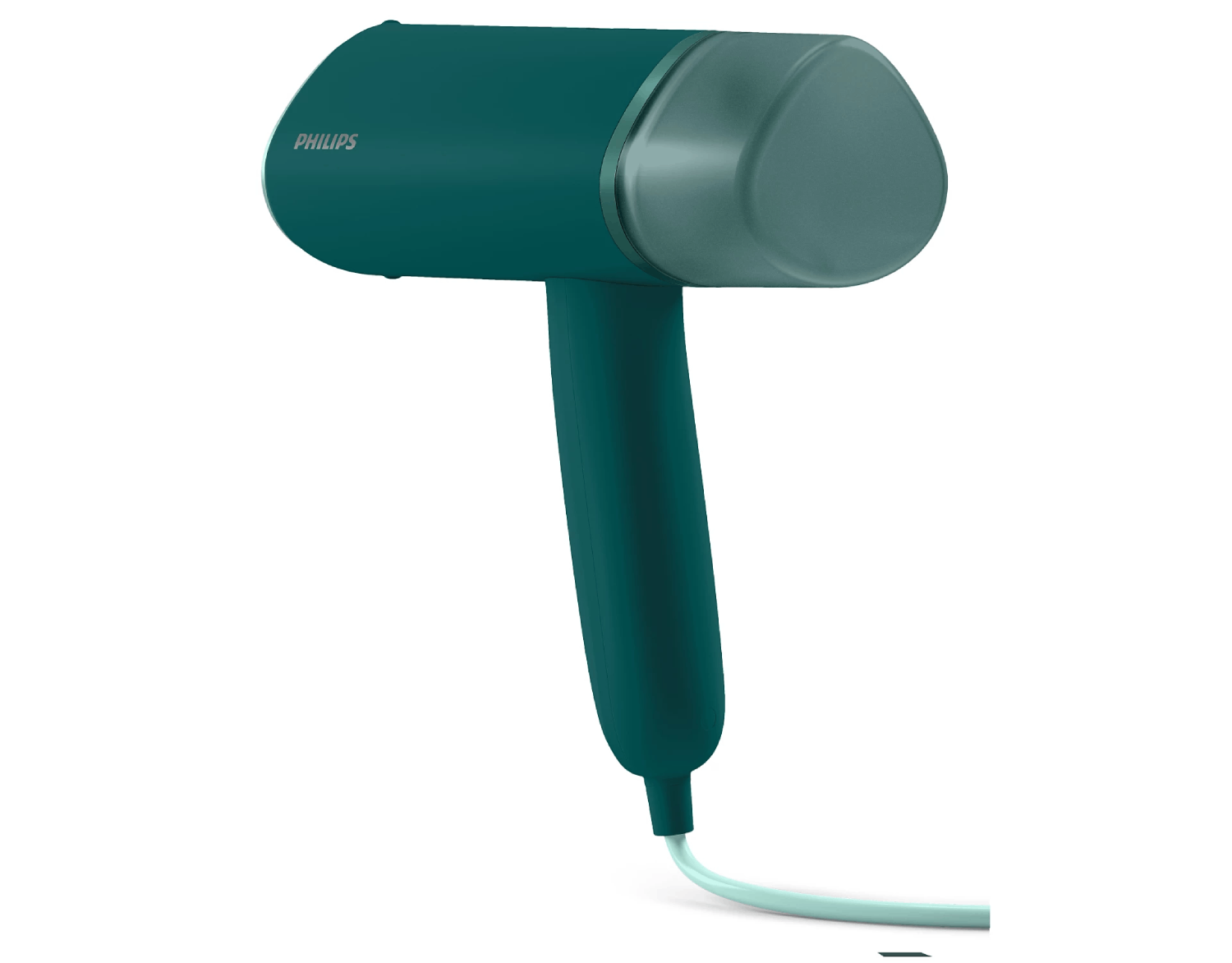 Vaporizador de mano Philips verde y gris. Fondo blanco.