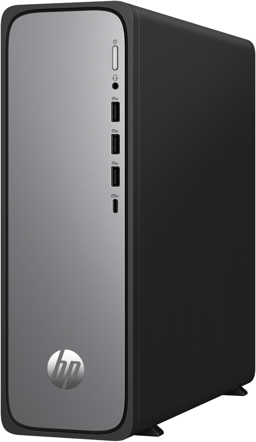 Torre de computadora HP negra y plateada. El frente tiene el logo de HP.