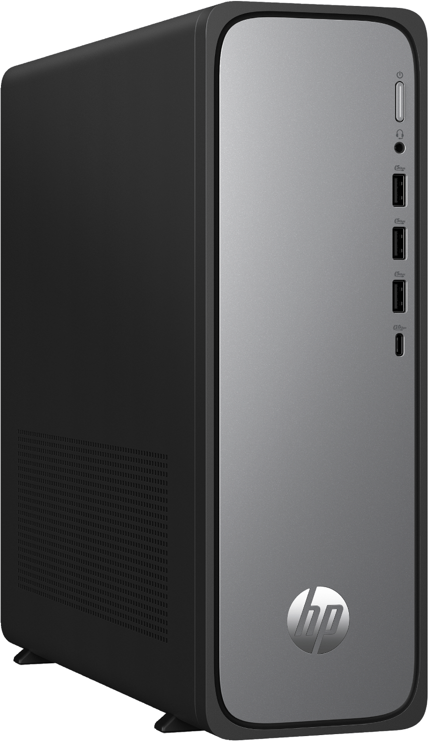 Torre de computadora negra y gris con panel frontal plateado y logotipo de HP.