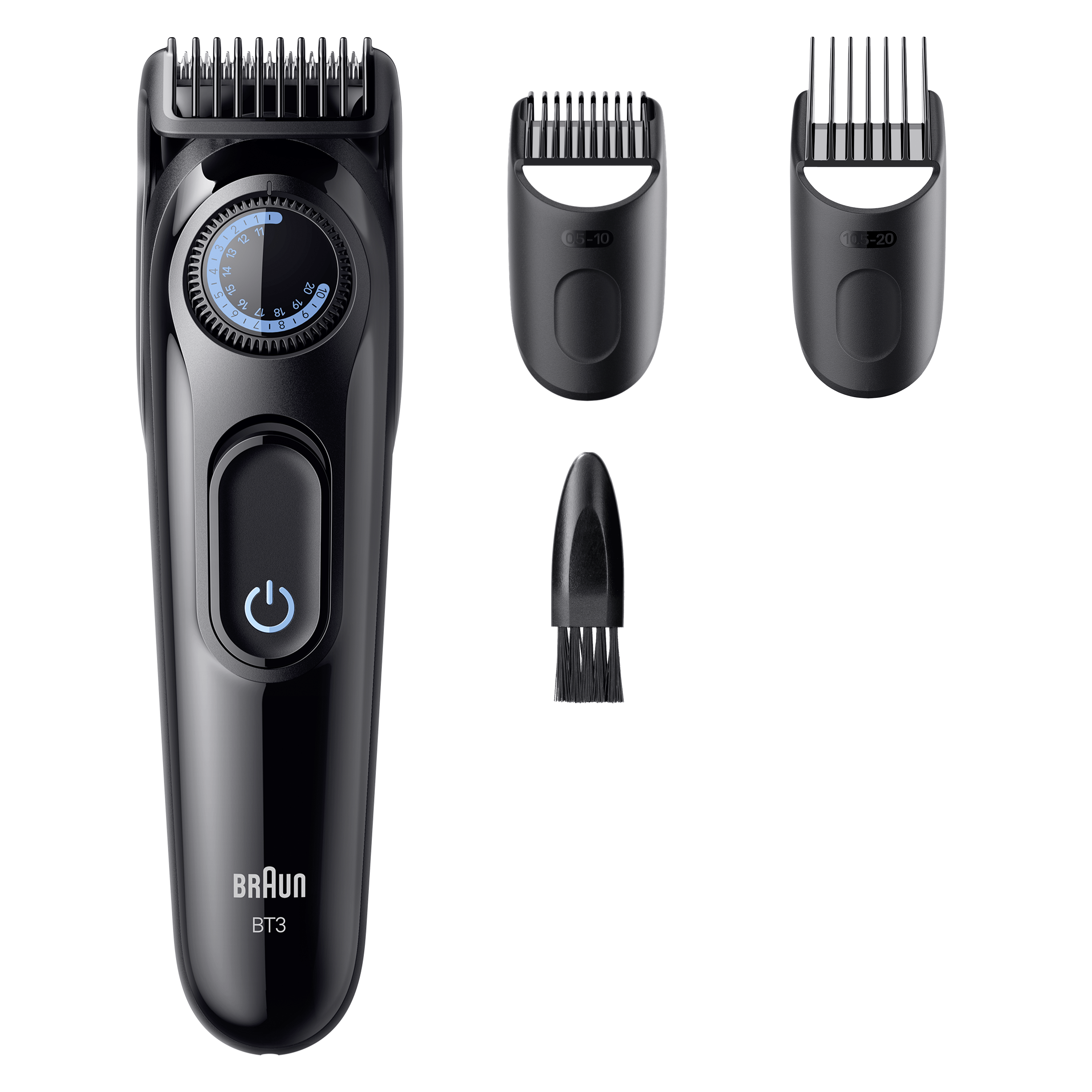 Recortadora de barba negra con accesorios. La recortadora tiene un dial y un botón de encendido.